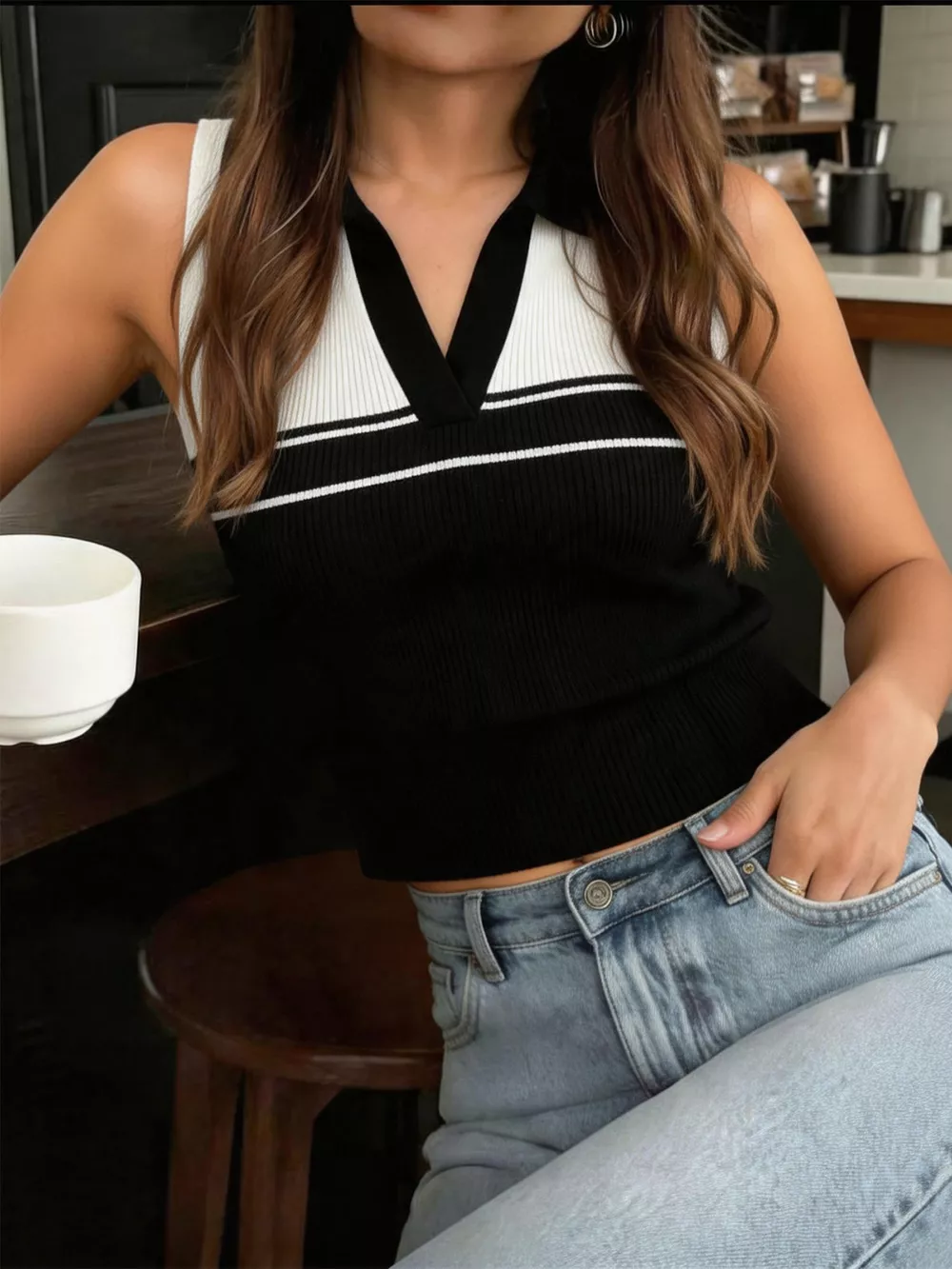 Contrast Collar Striped Knit Sweater Vest, image 3