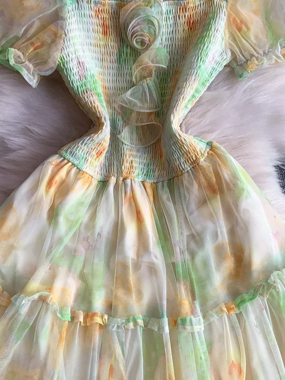 Smocked Floral Tiered Mesh Midi Dress, image 30