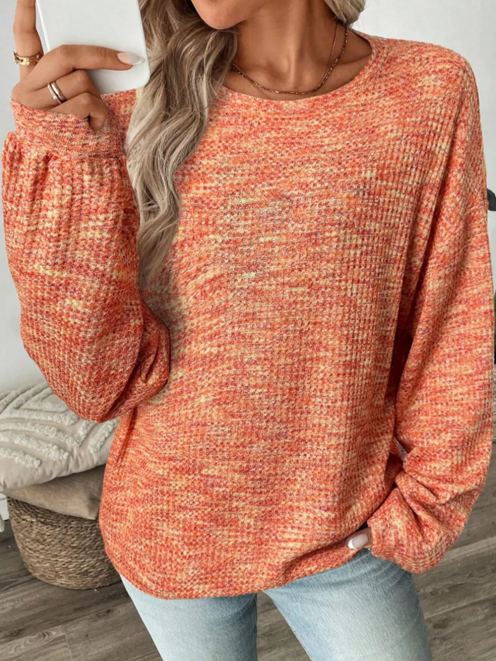Space-Dyed Long Sleeve Waffle-Knit Top, image 19