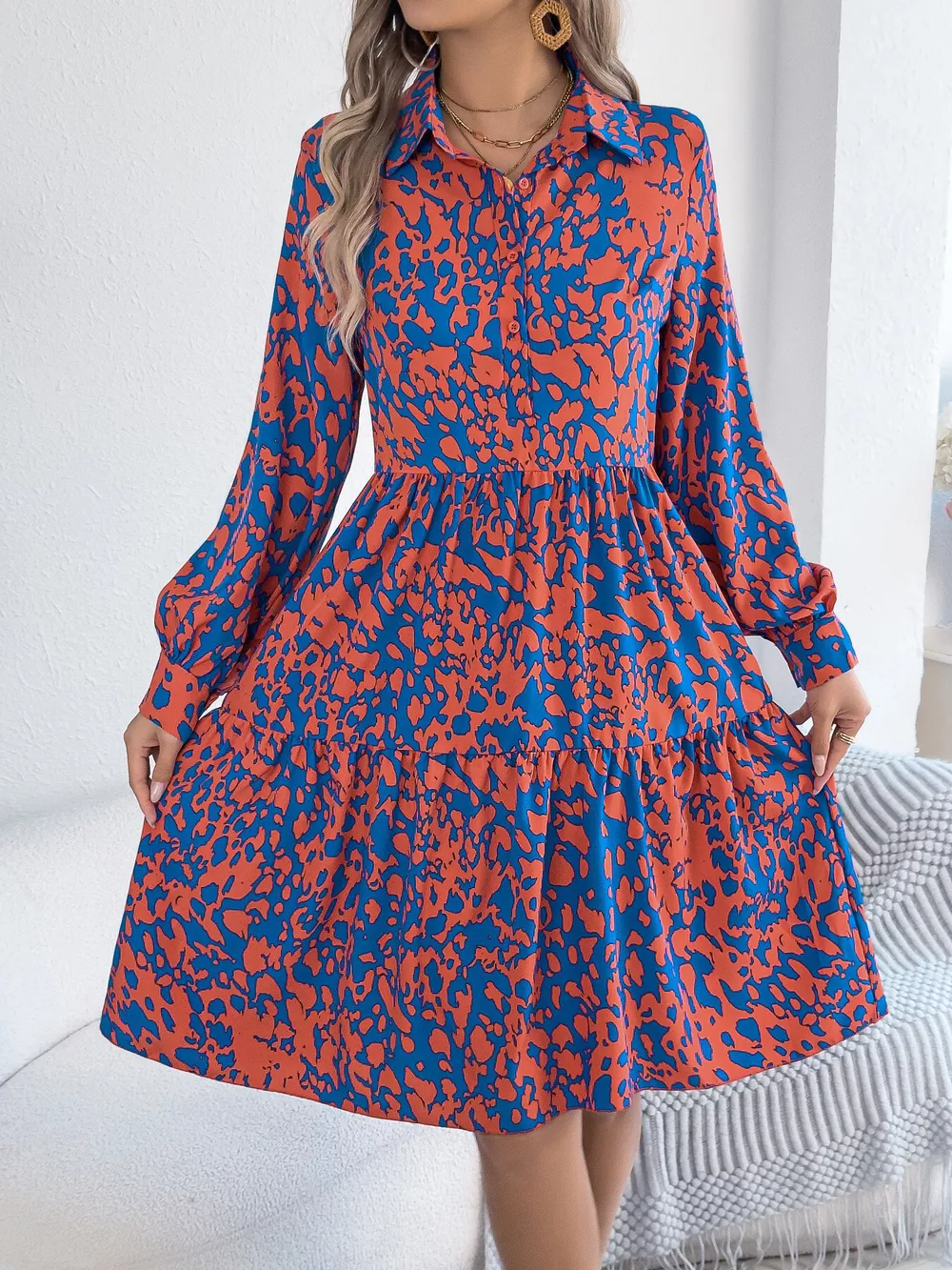 Printed Collared Neck Long Sleeve Dress, image 15