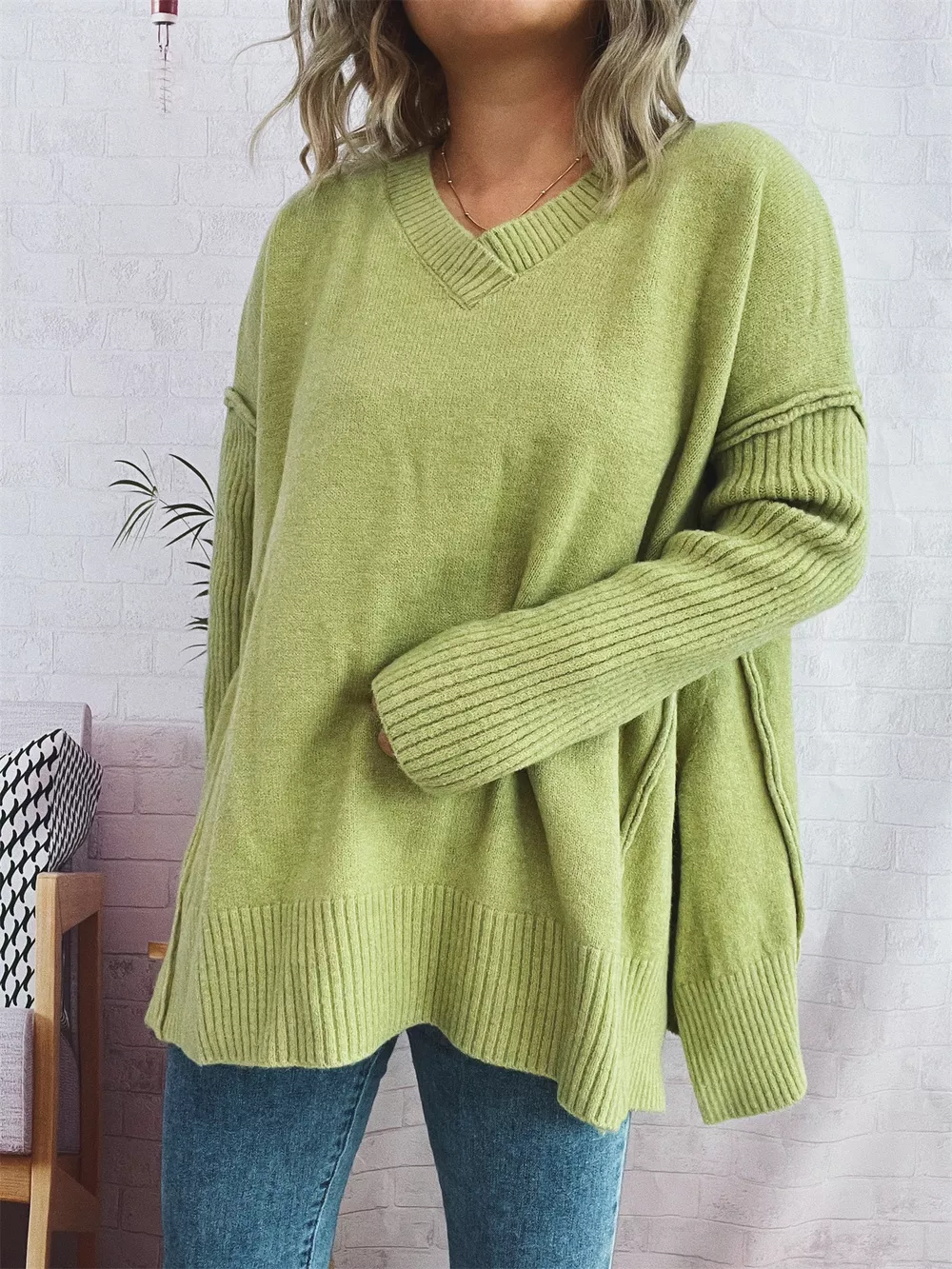 V-Neck Dropped Shoulder Sweater, image 11