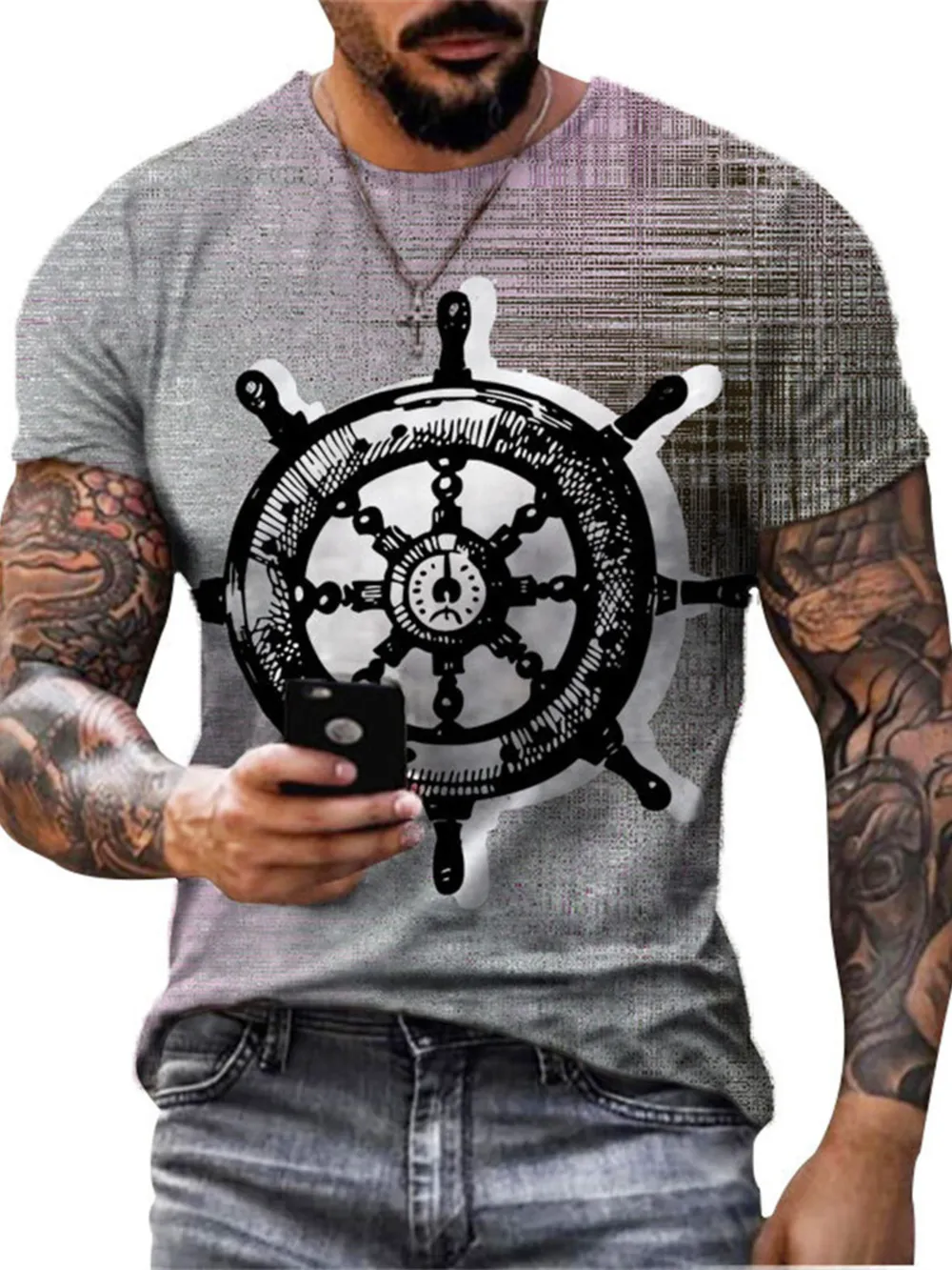 Men's Full Size Artistic Compass Graphic Round Neck T-Shirt Plus Size, image 2