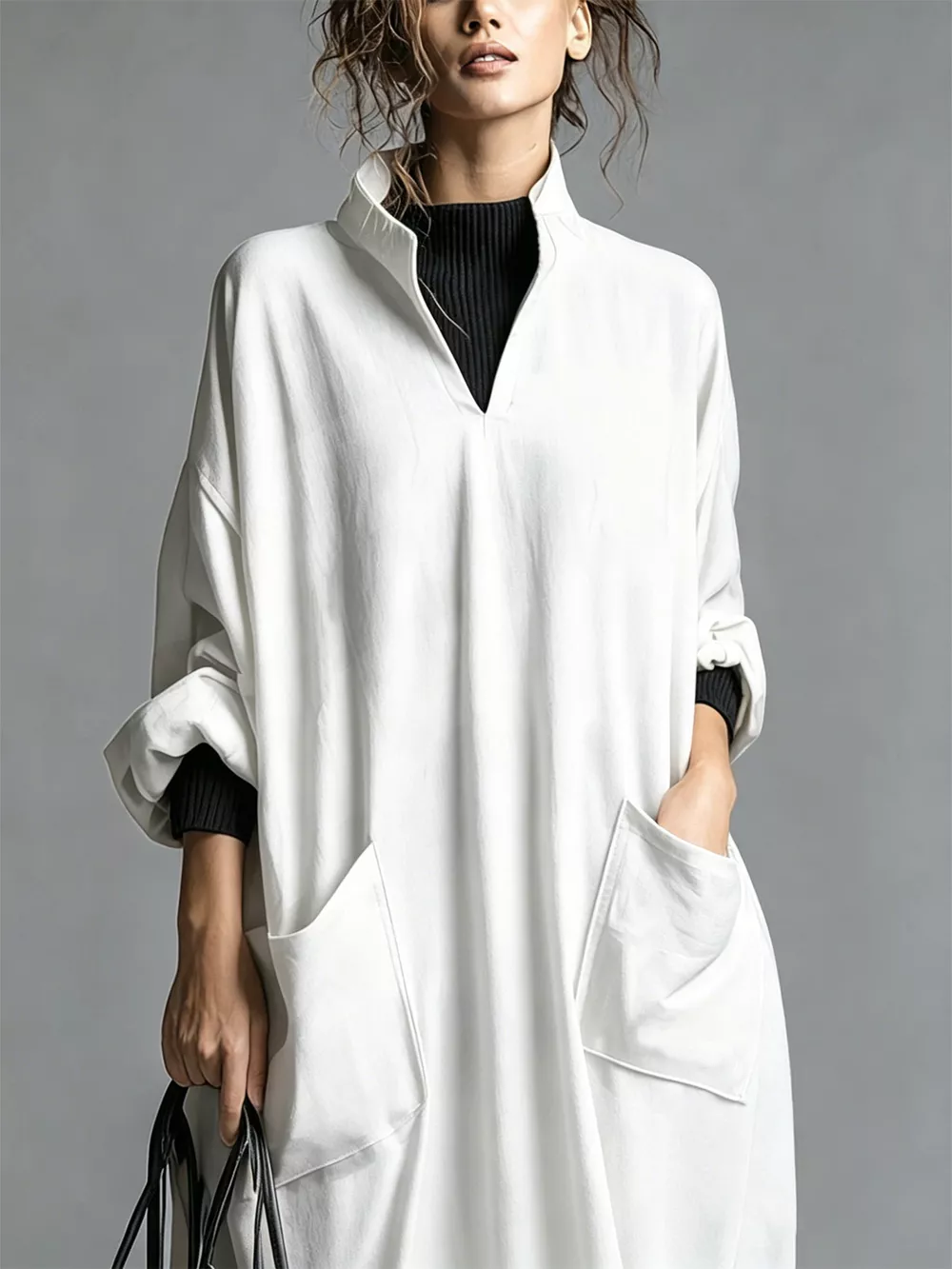 Full Size Loose-Fit Mock Neck Midi Dress with Pockets Plus Size, image 11