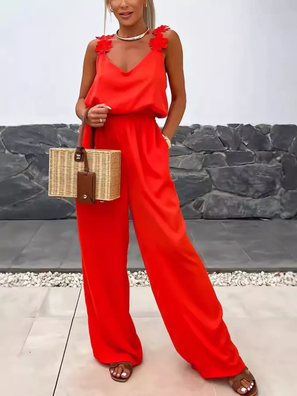 Floral Applique V-Neck Wide Leg Jumpsuit, image 3