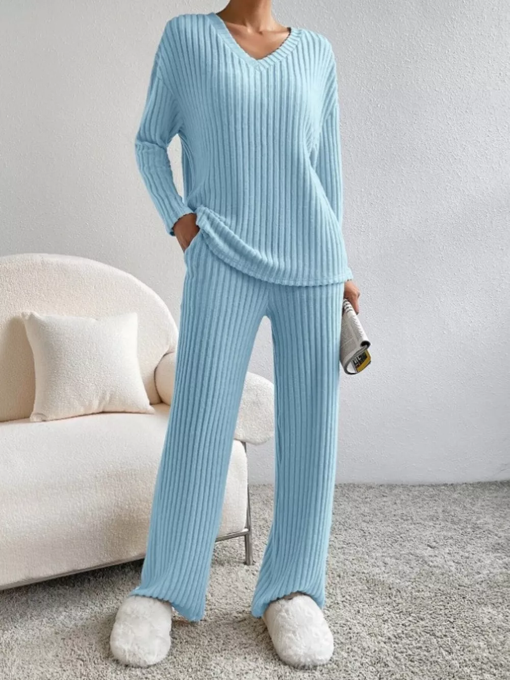 Ribbed Knit V-Neck Top and Pants Set, image 14