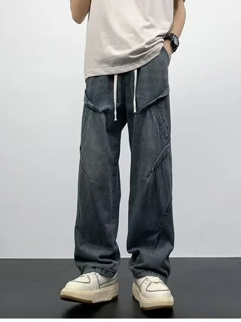 Men's Full Size Drawstring Waist Wide Leg Jeans Plus Size