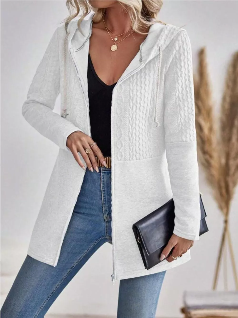 Drawstring Textured Zip Up Drawstring Hooded Jacket, image 11