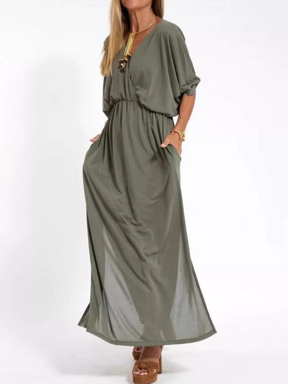 Full Size V-Neck Batwing Sleeve Maxi Dress with Side Slits Plus Size