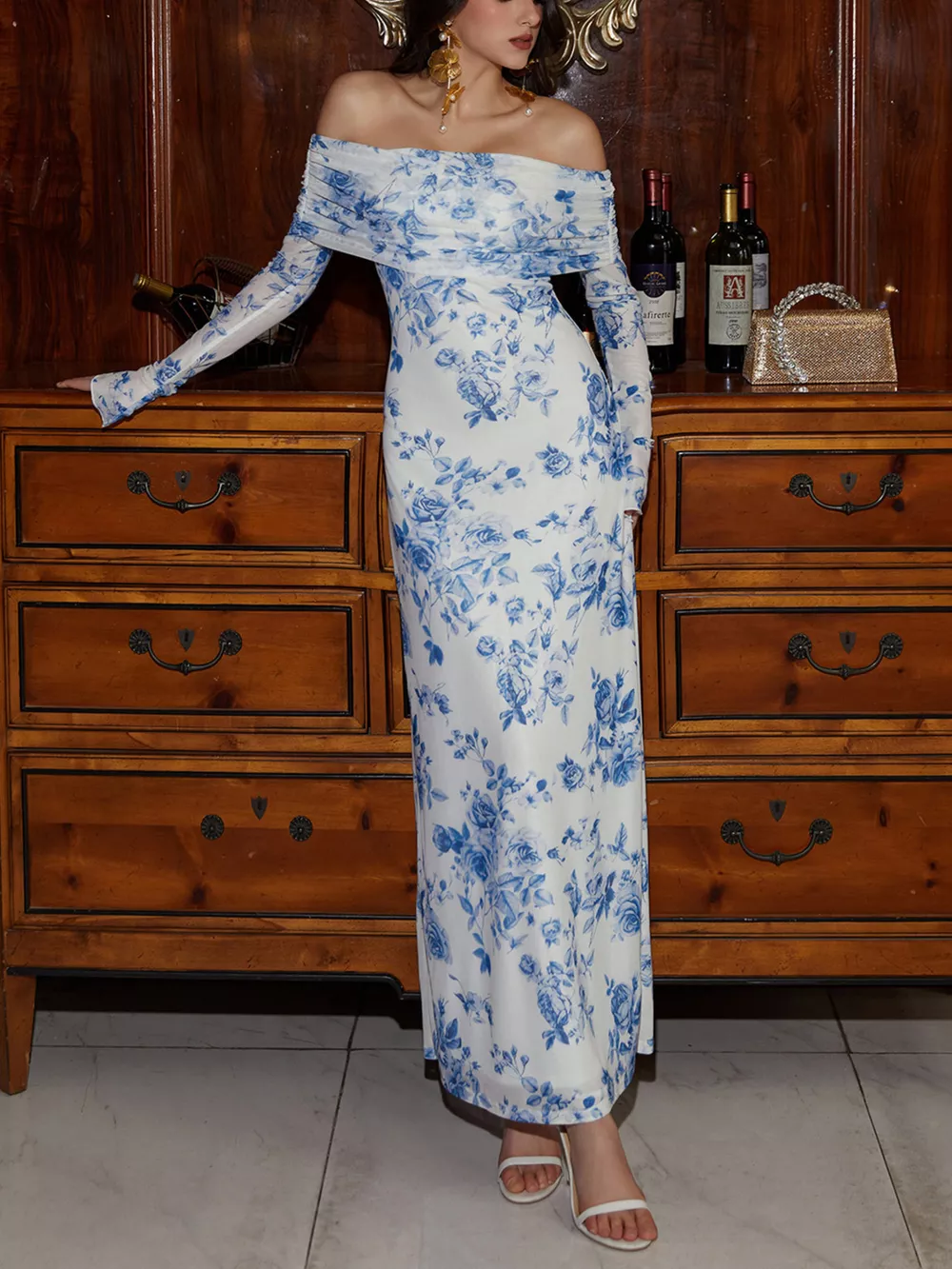 Off-Shoulder Ruched Long Sleeve Maxi Dress, image 8