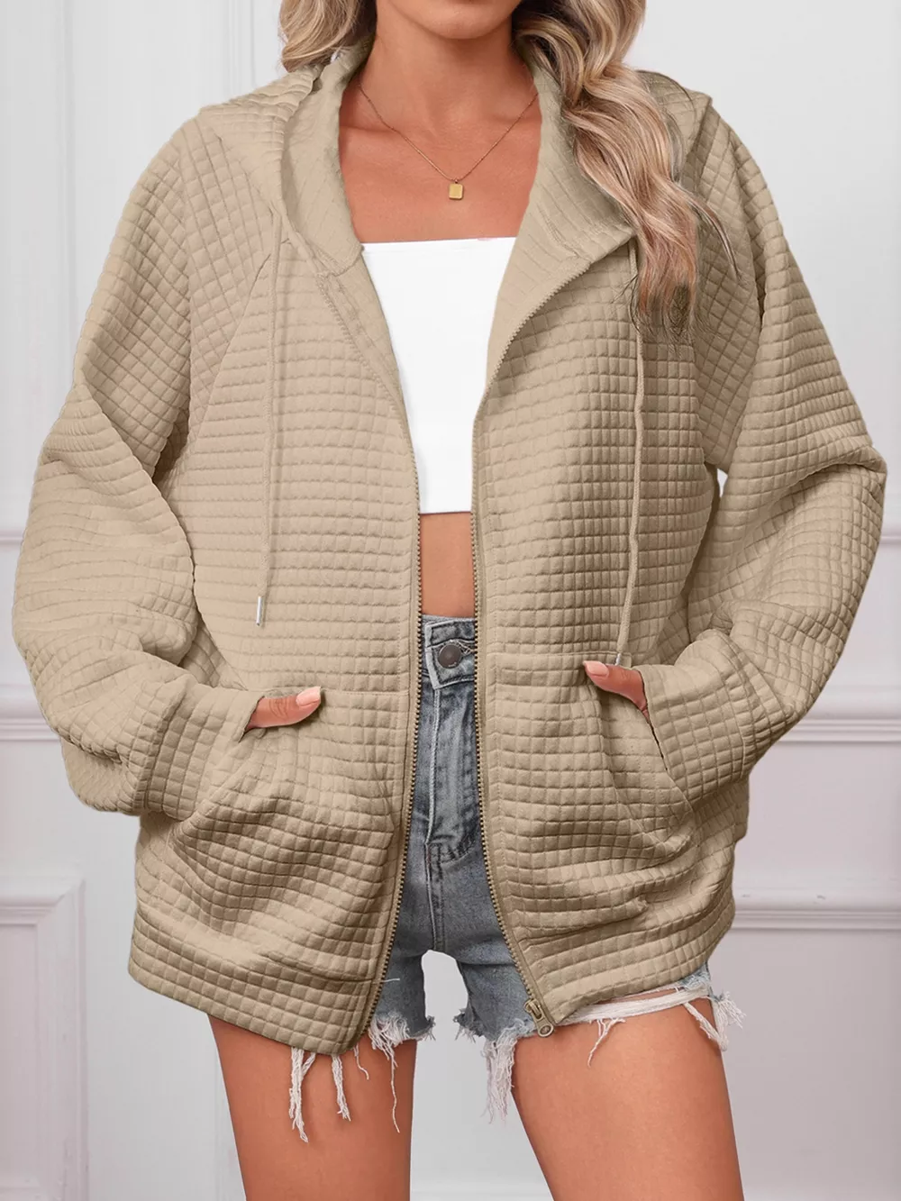 Full Size Textured Quilted Zip-Up Hooded Jacket Plus Size, image 21