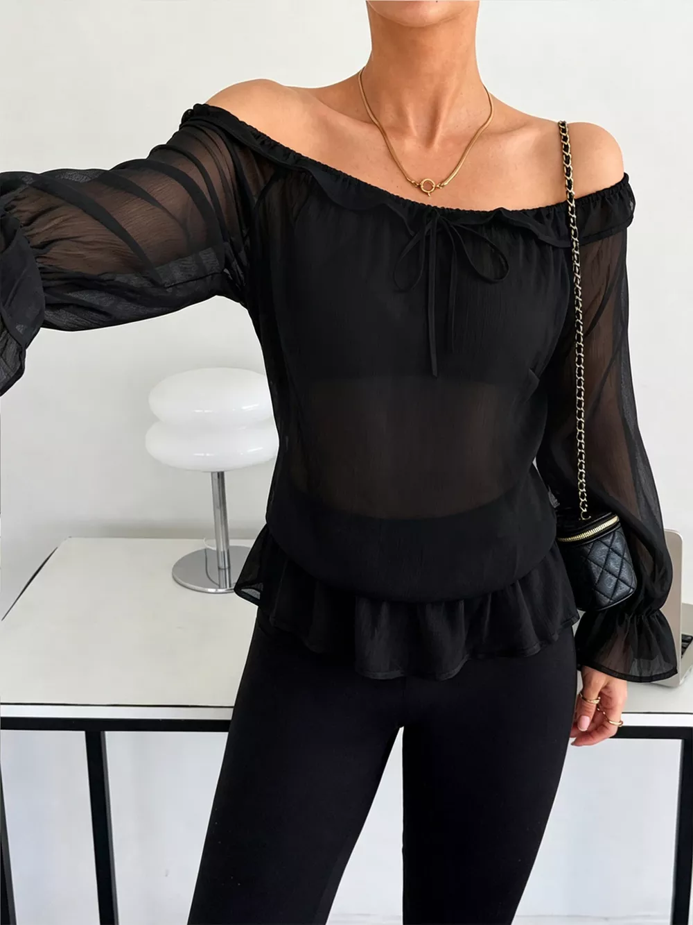 Off-Shoulder Flounce Sleeve Chiffon Blouse, image 4
