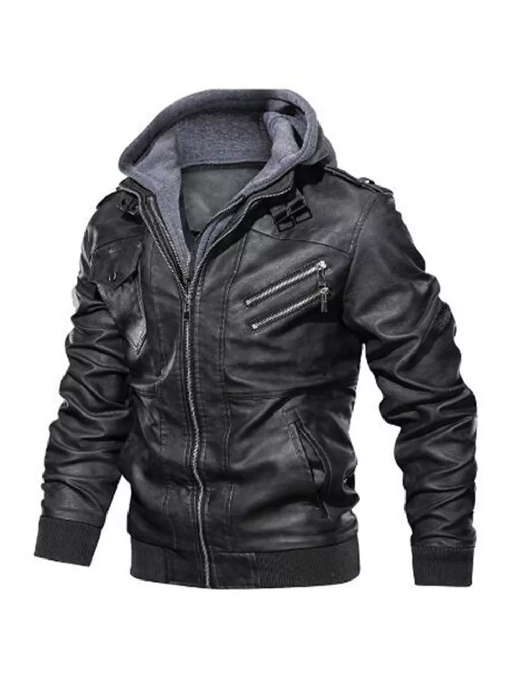 Men's Full Size Hooded Faux Leather Moto Jacket Plus Size, image 2