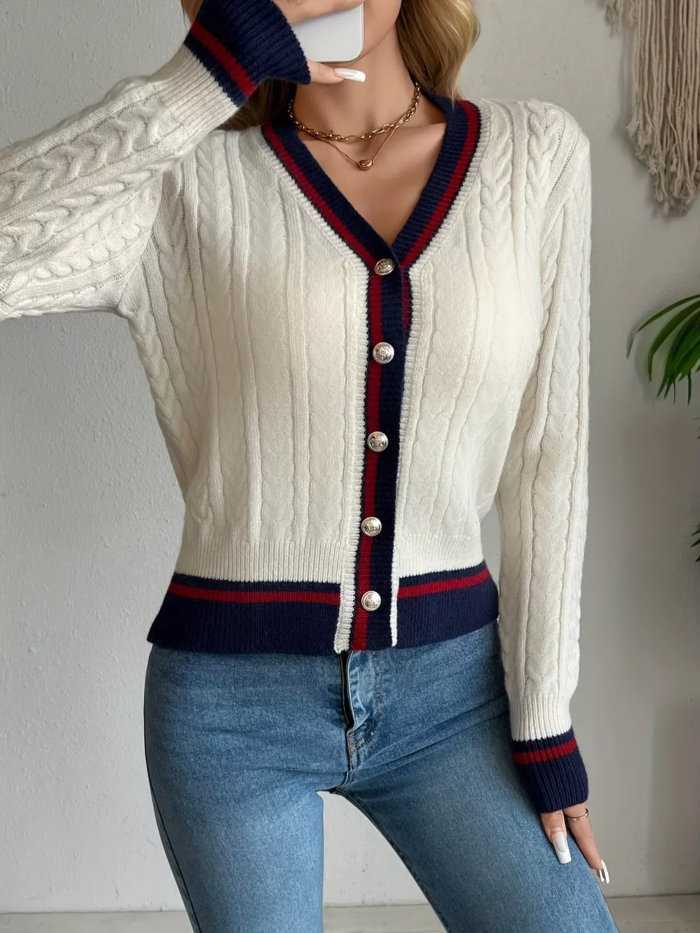Contrast Trim Cable Knit Cardigan, image 3