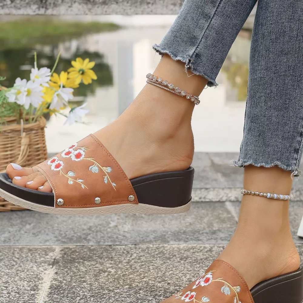 Floral Embroidered Wedge Sandals, image 24