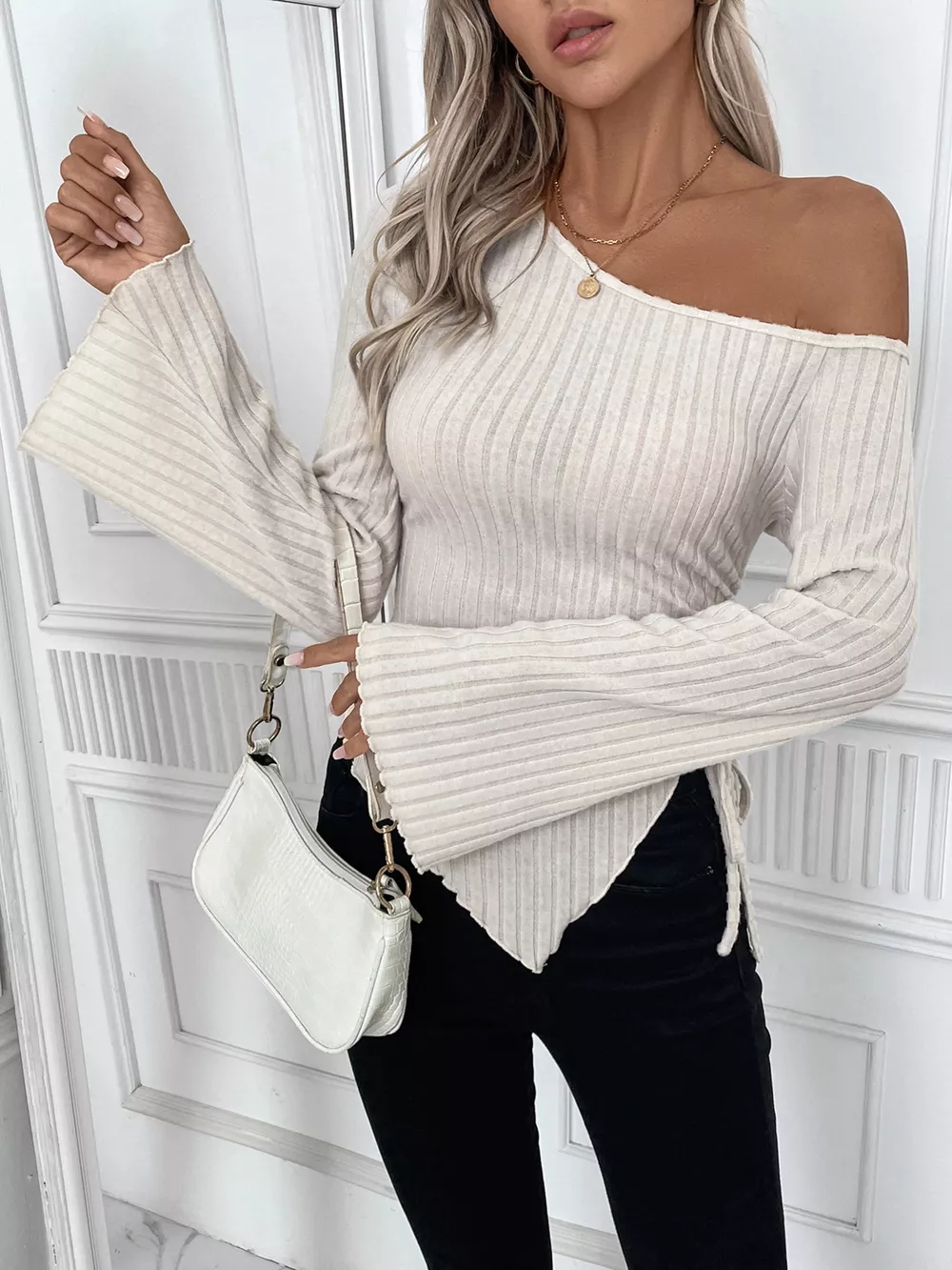 Ribbed One Shoulder Asymmetrical Hem T-Shirt, image 6