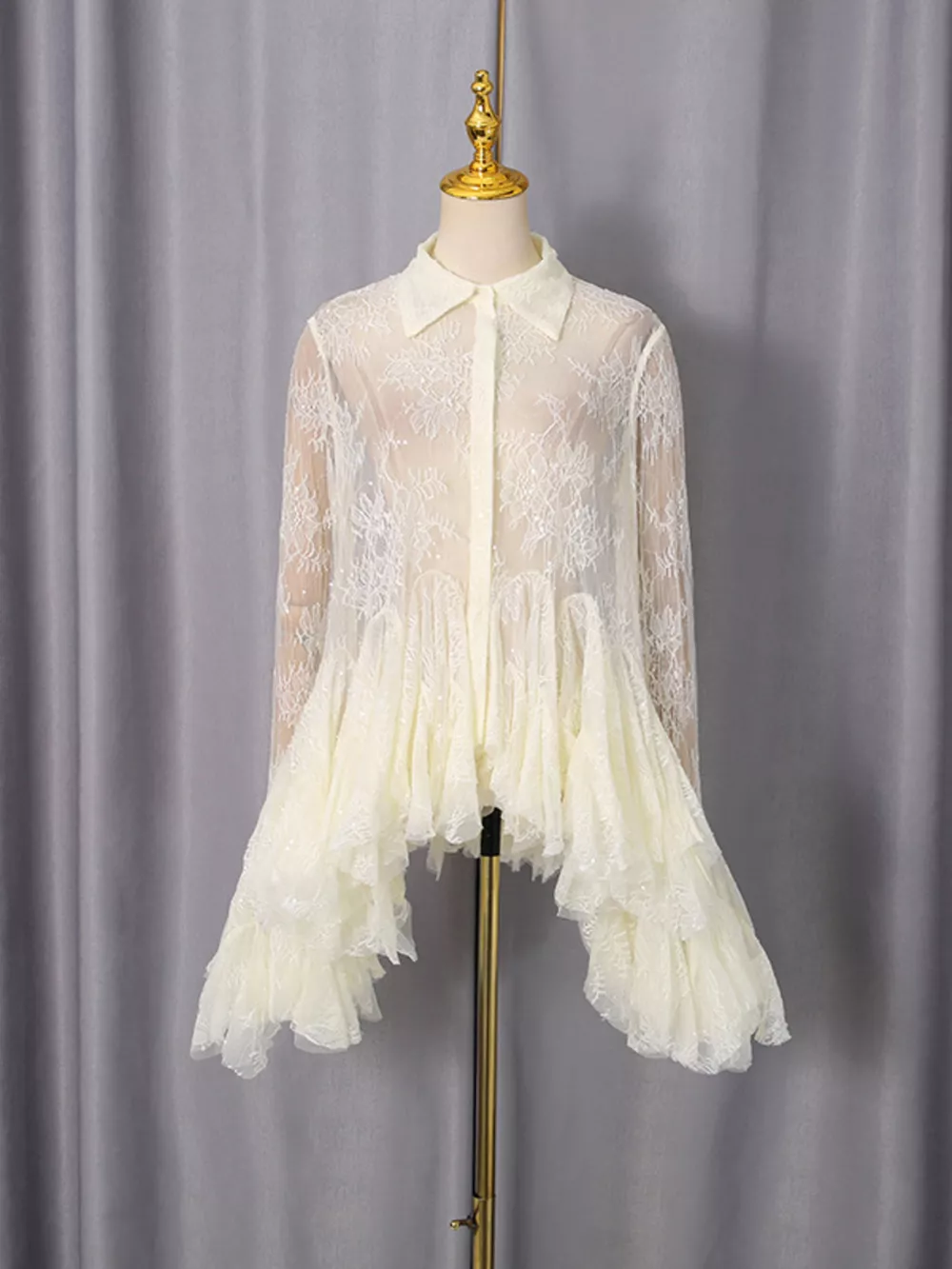Ruffled Hem Lace Long Sleeve Dress