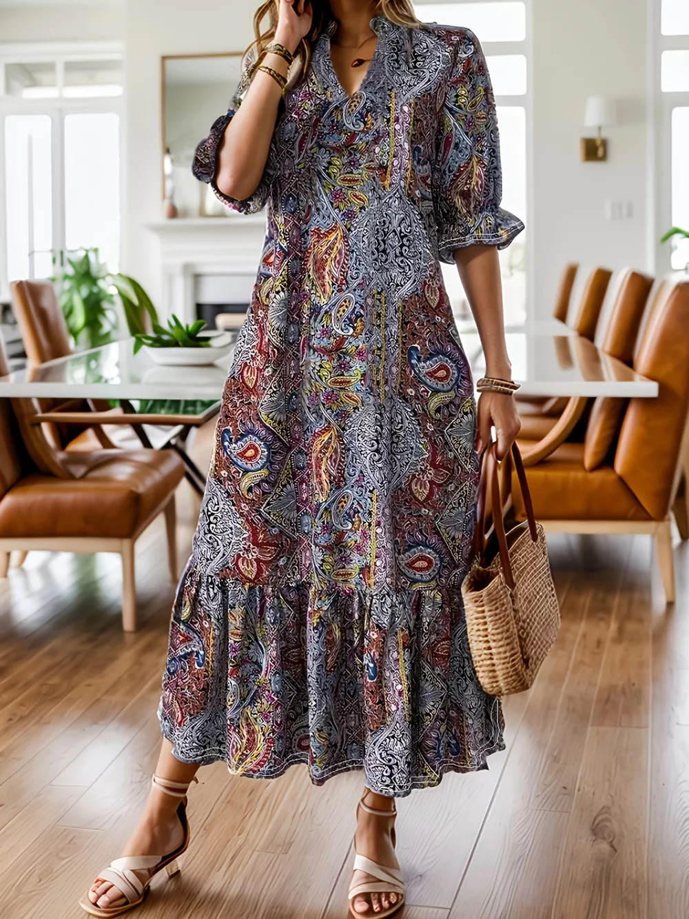 Full Size Bohemian Paisley Print Ruffle Hem Midi Dress Plus Size, image 8