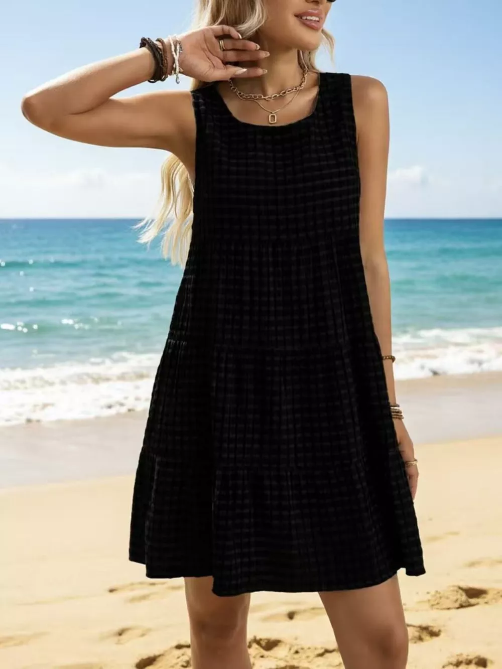 Textured Sleeveless Tiered Mini Dress