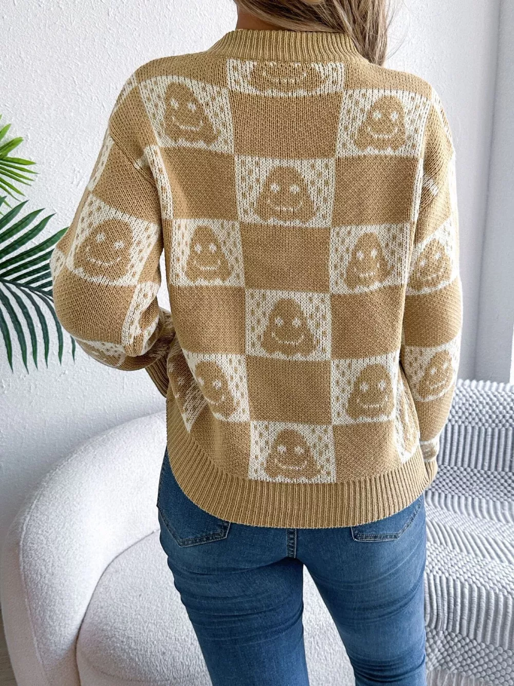 Halloween Ghost Pattern Checkered Round Neck Sweater, image 8