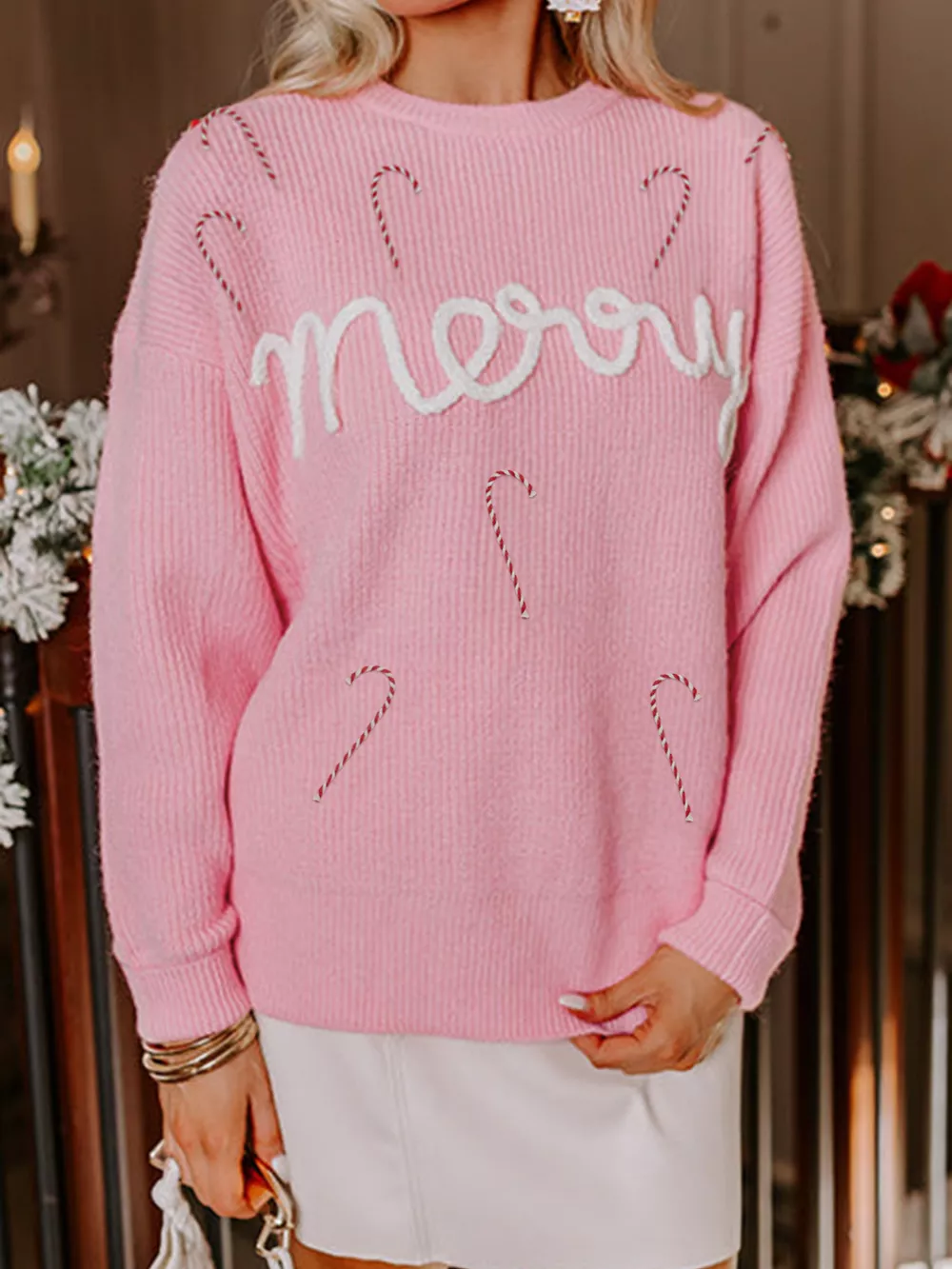 Merry Candy Cane Christmas Crew Neck Sweater, image 2