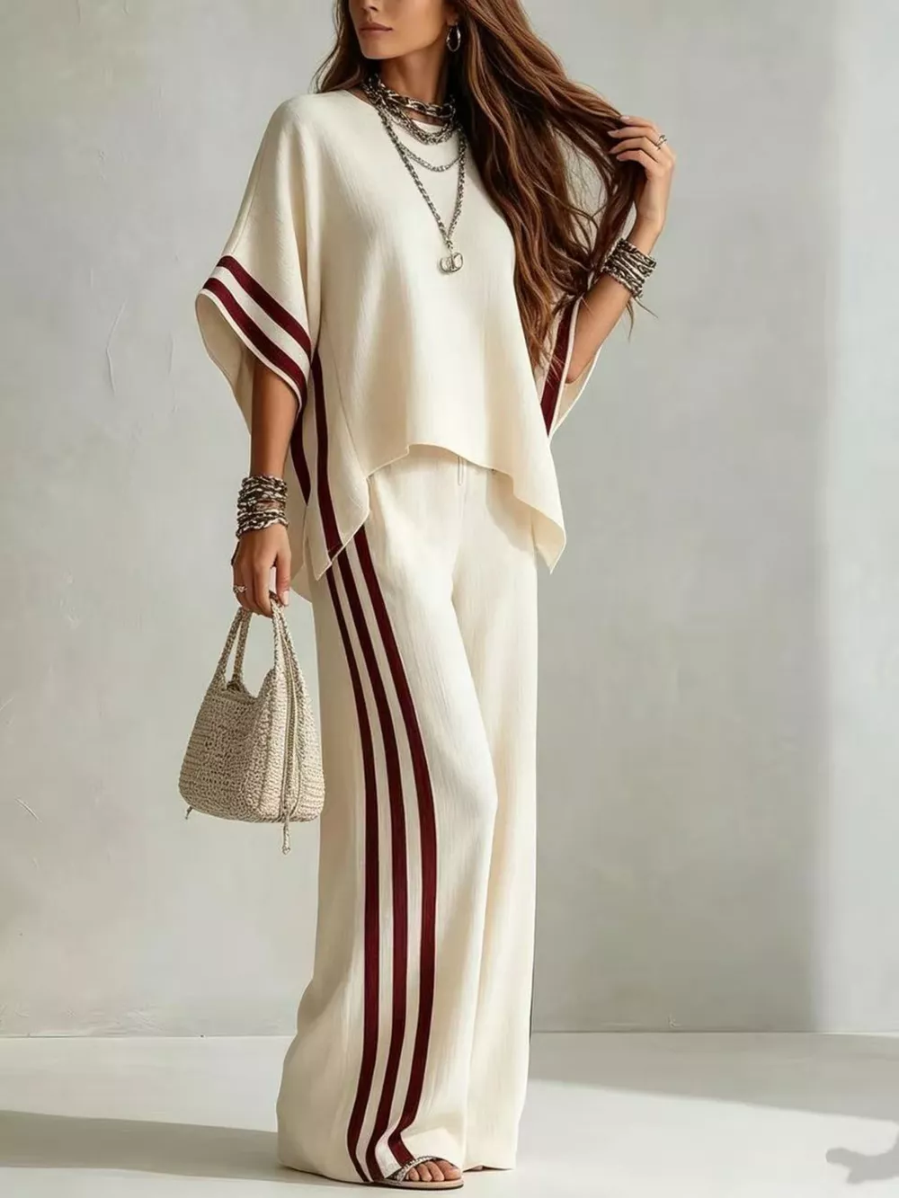 Full Size Striped 3/4 Sleeve Top and Pants Set Plus Size, image 9