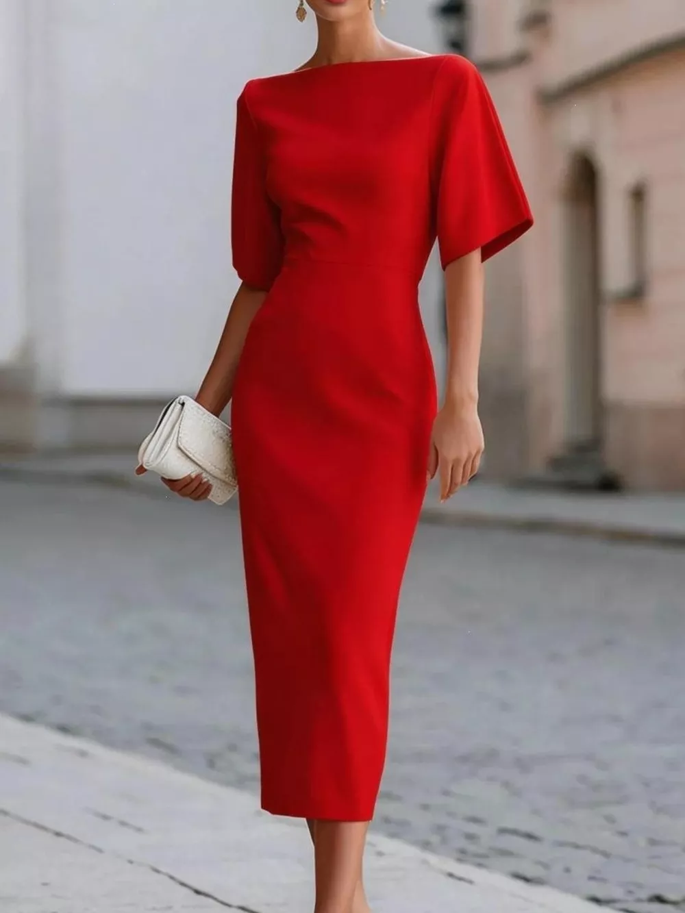 Half Sleeve Boat Neck Midi Dress, image 8