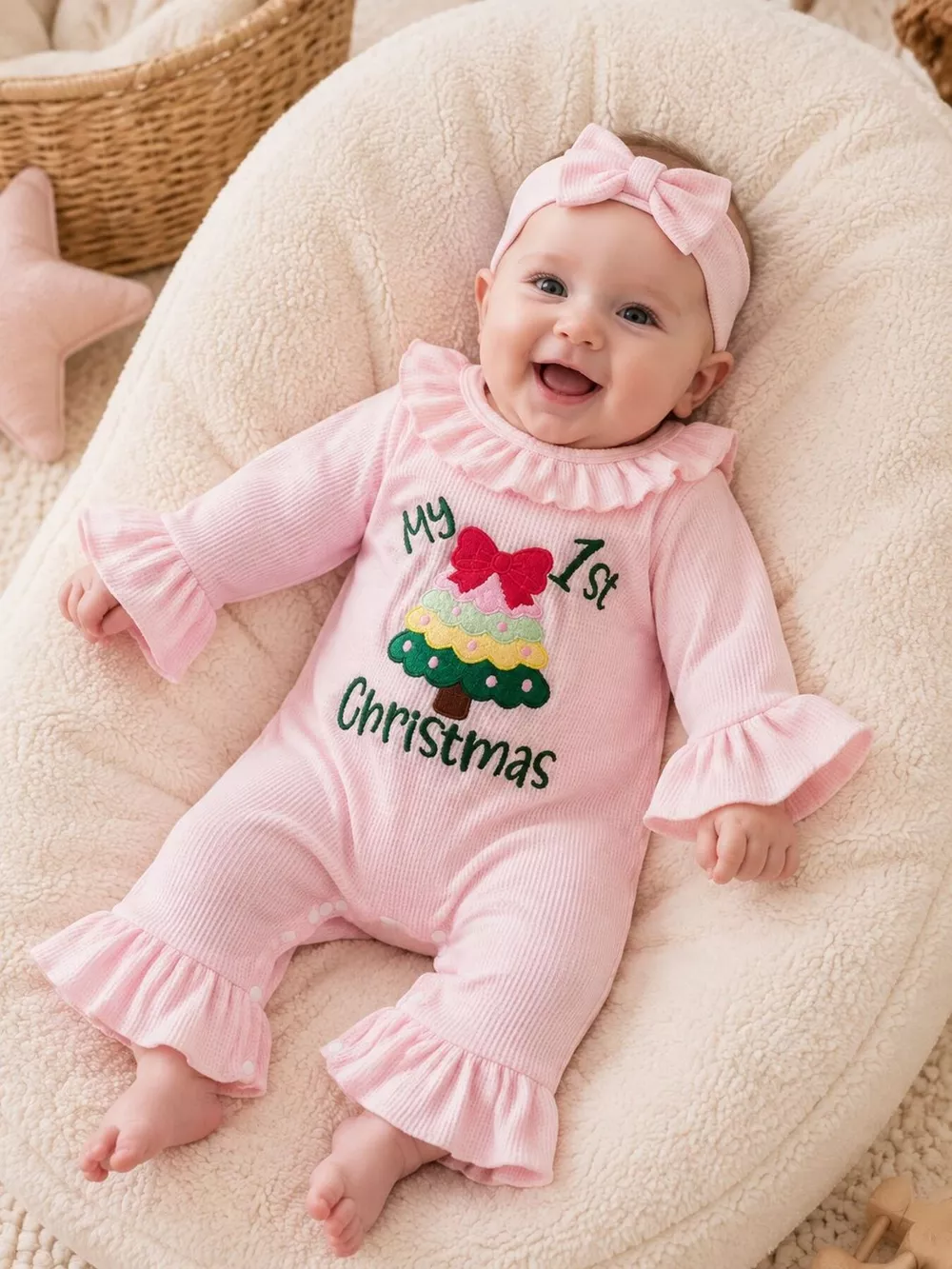 Children's 'My 1st Christmas' Ribbed Ruffle Jumpsuit and Headband Set