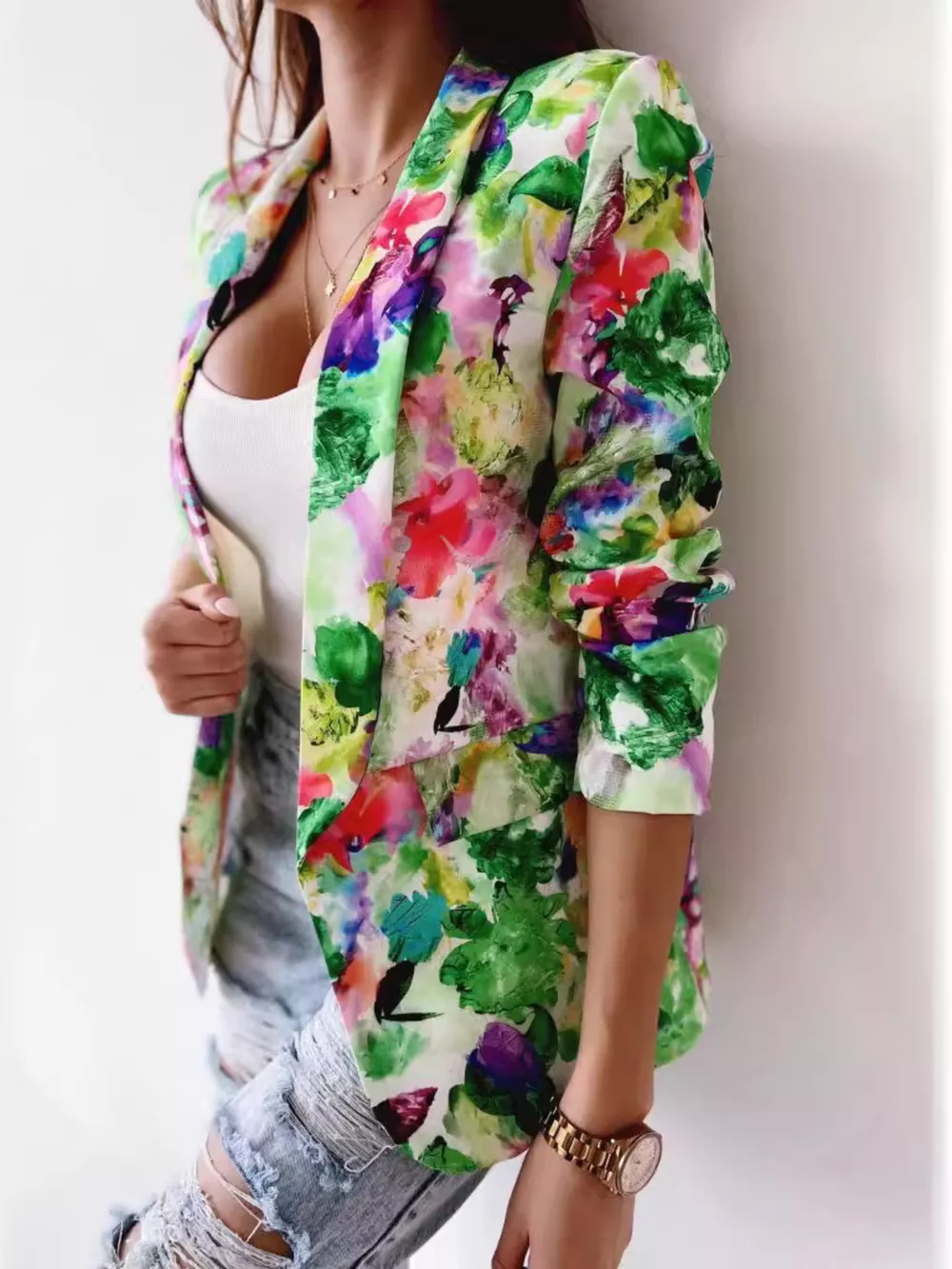 Vibrant Floral Print Open Front Blazer, image 5