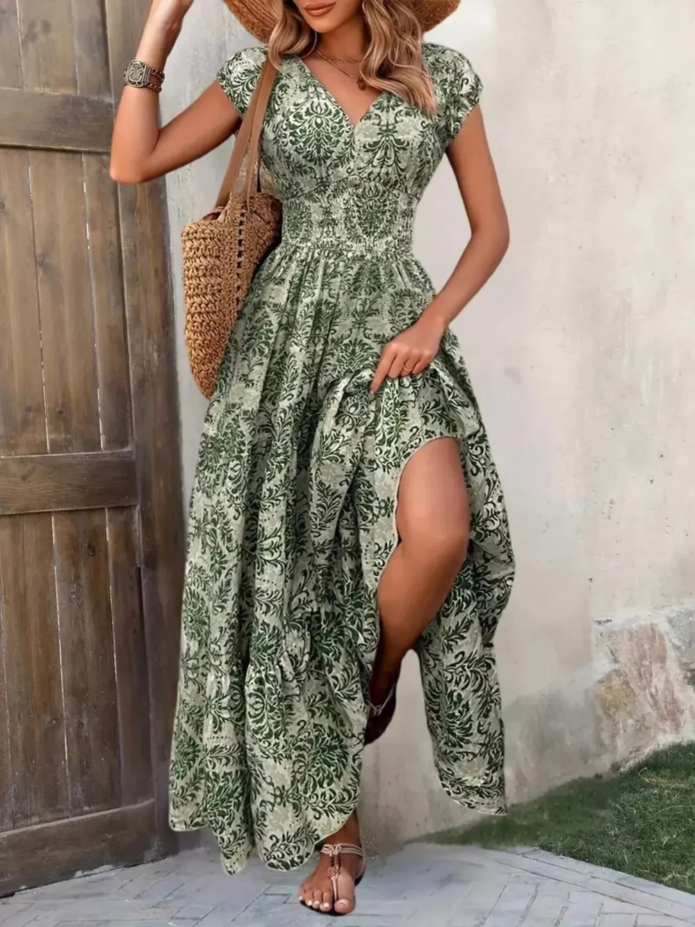Printed Cap Sleeve Maxi Dress, image 24