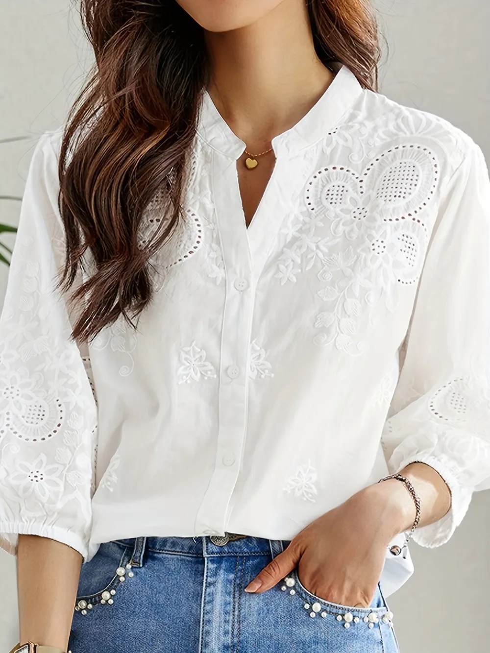 Embroidered Eyelet Button Up Shirt, image 2