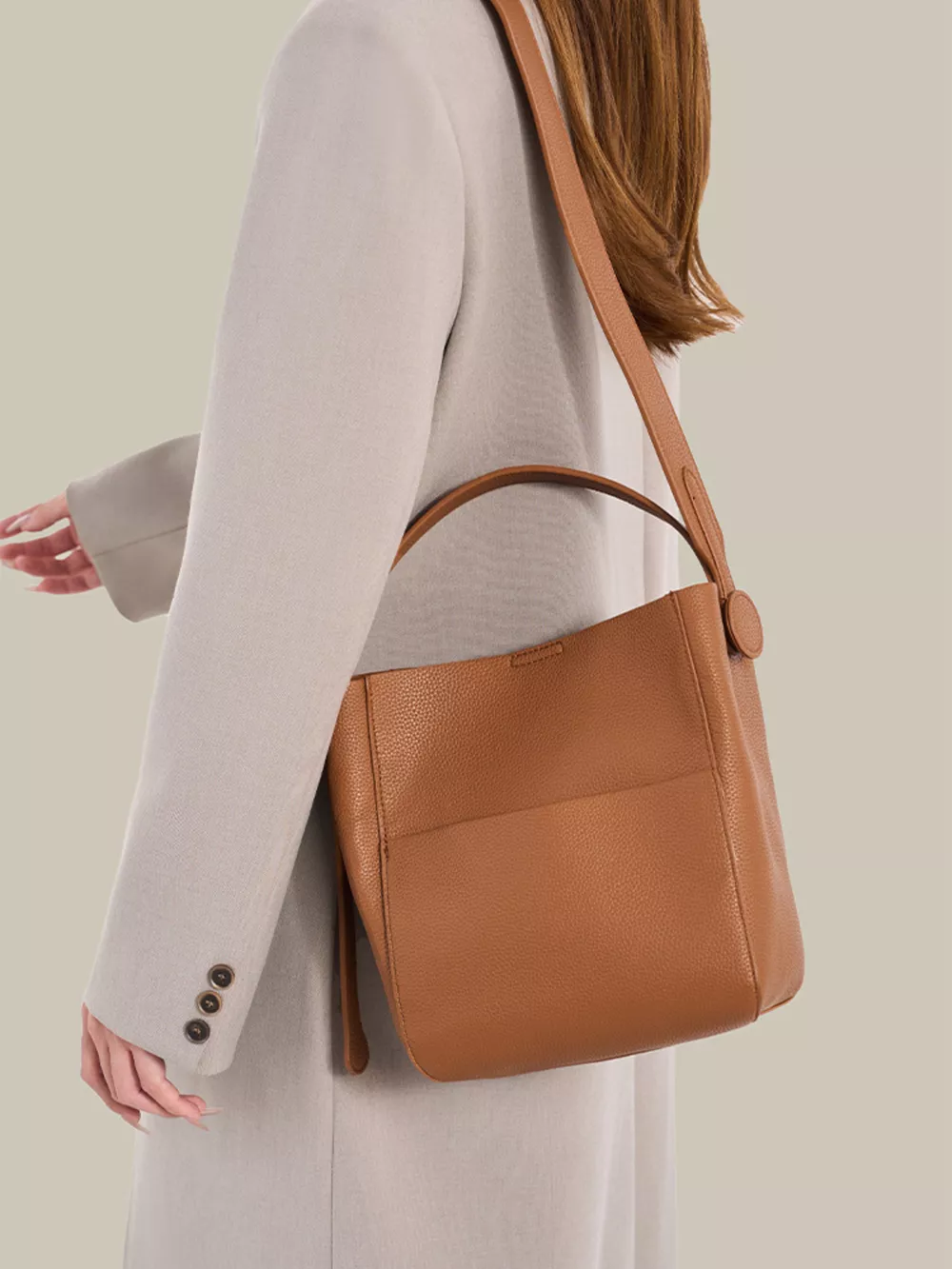 Minimalist Textured Leather Bucket Crossbody Bag, image 3