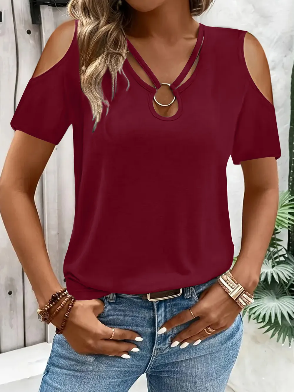 Cold Shoulder T-Shirt with Metal Ring Detail, image 15