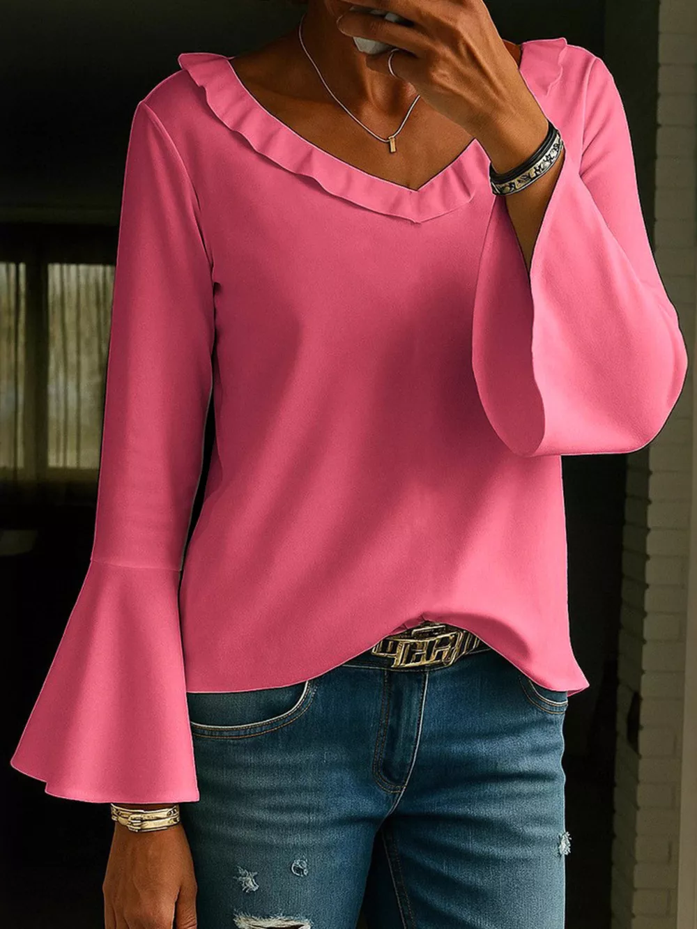Ruffle V-Neck Bell Sleeve Blouse, image 4