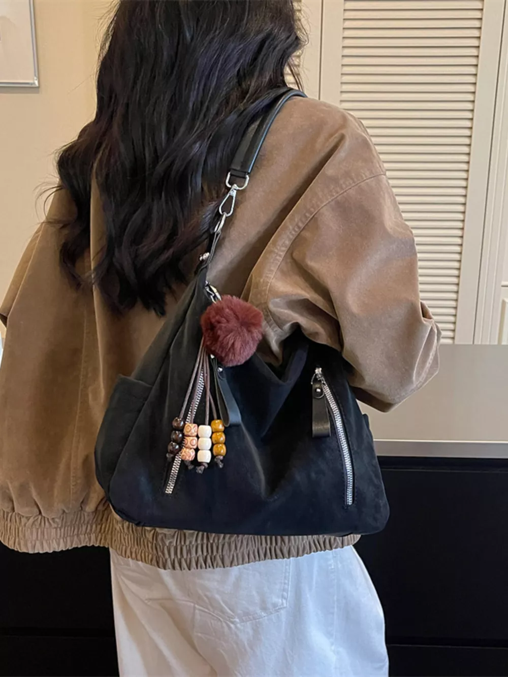 Decorative Pom-Pom and Bead Charm Shoulder Bag, image 3