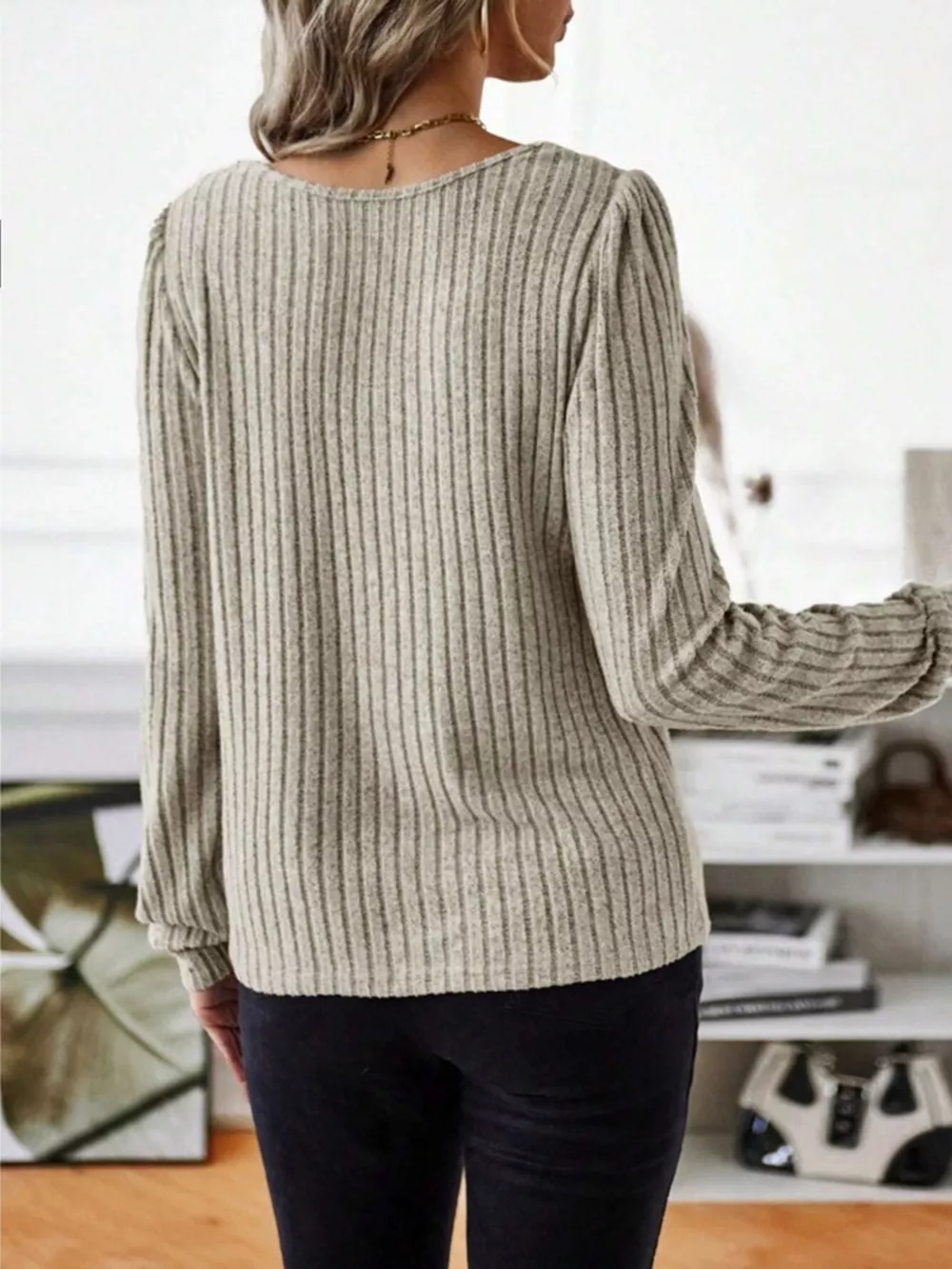 Ribbed Knit Long Sleeve T-Shirt, image 3
