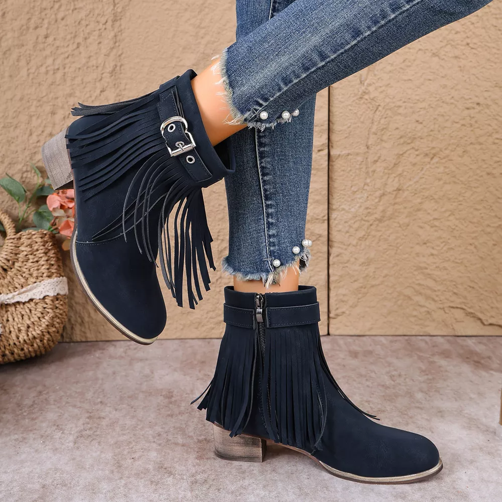 Fringe Ankle Boots with Buckle Detail, image 5