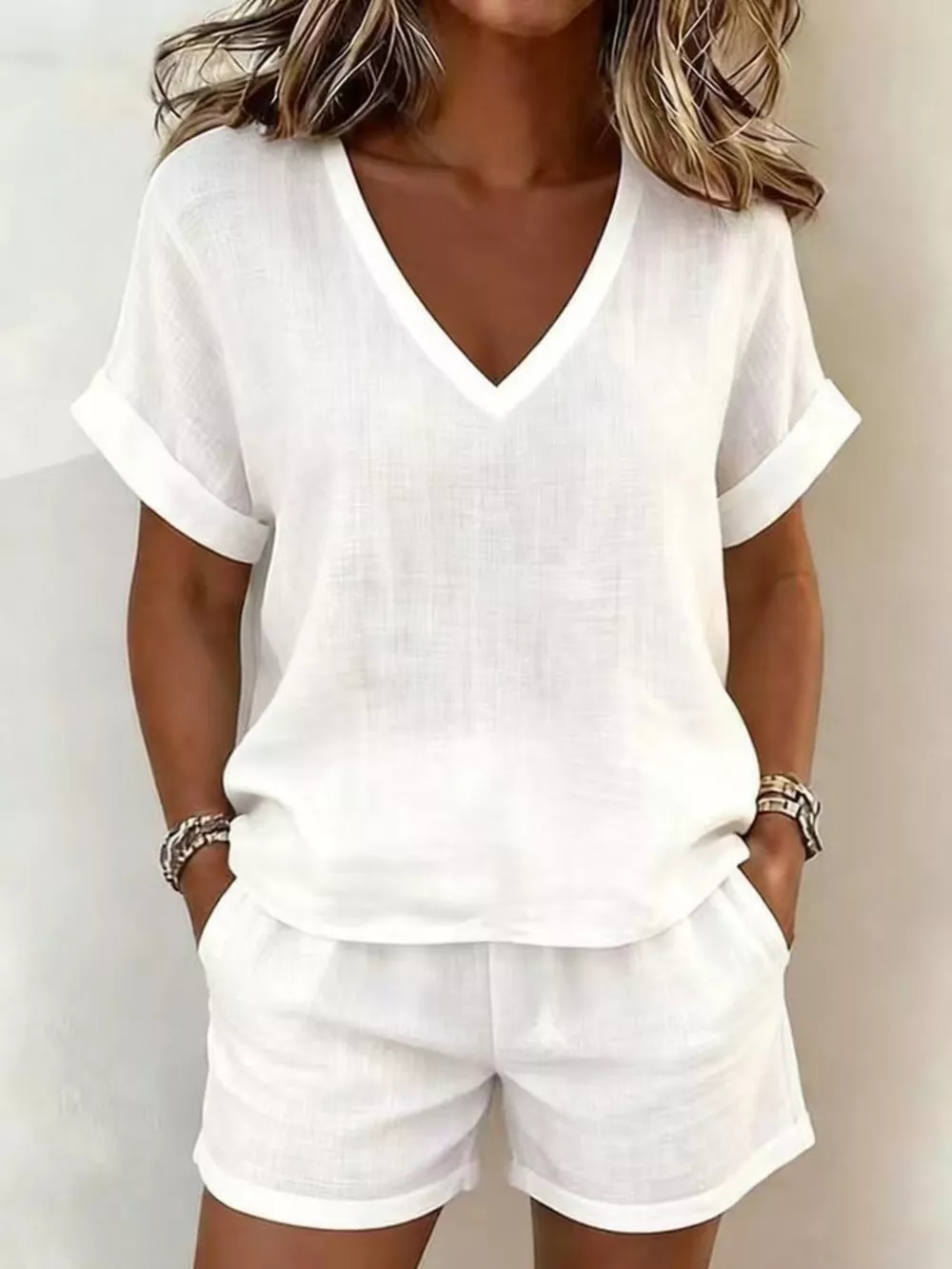 V-Neck Linen Blend Short Sleeve Top and Shorts Set, image 3