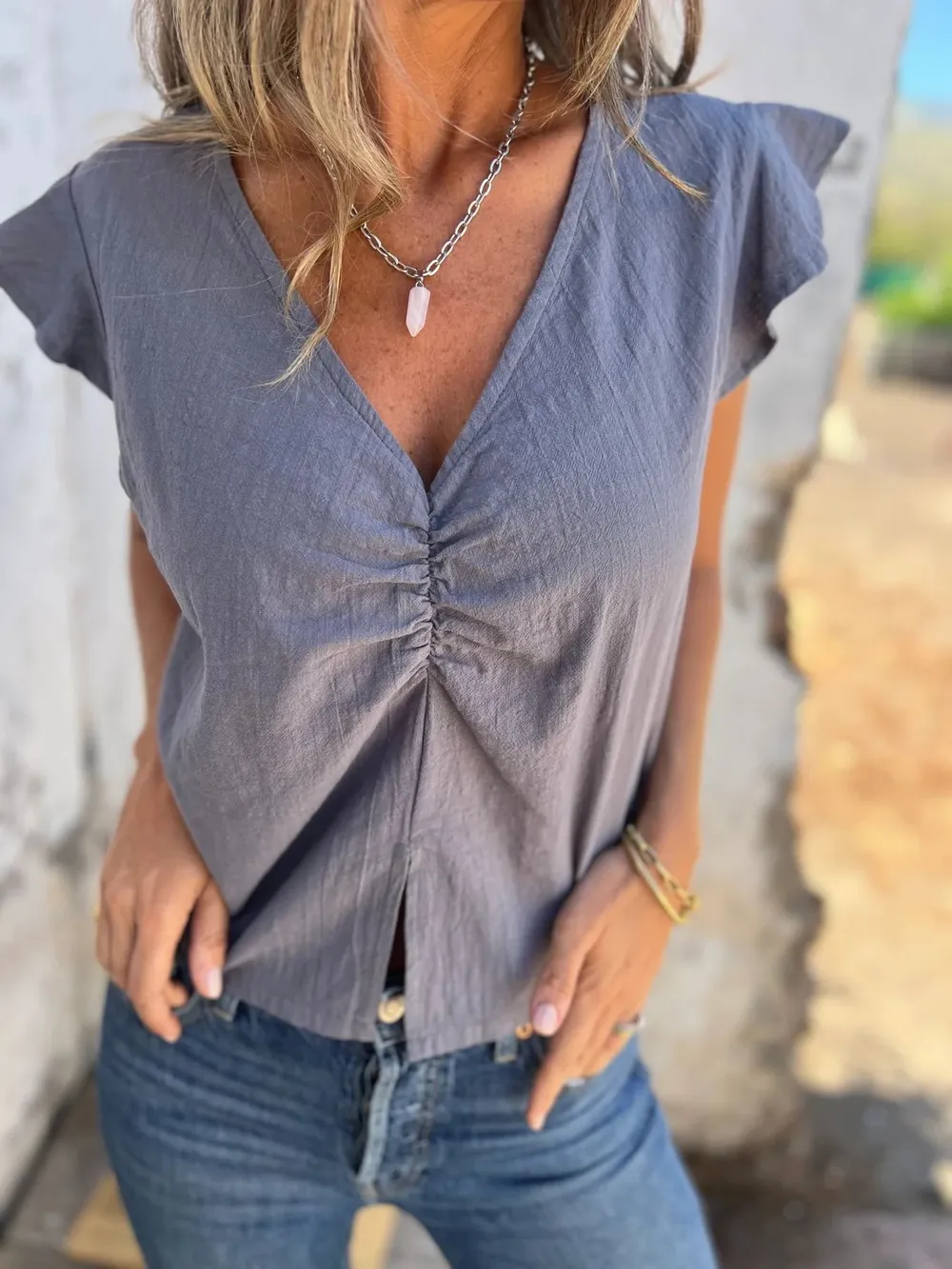 Full Size Ruched V-Neck Cap Sleeve Blouse Plus Size, image 9