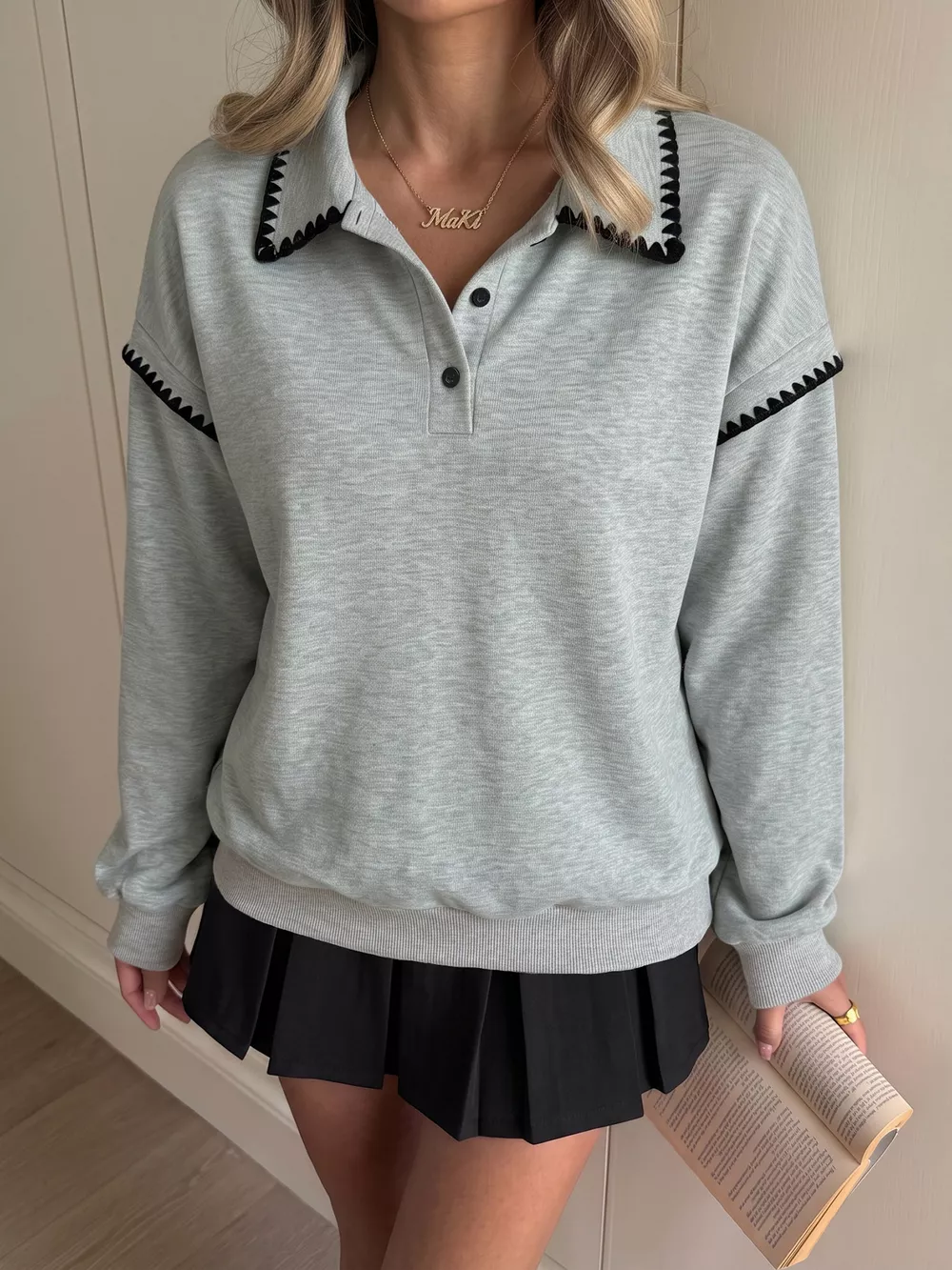 Polo Collar Dropped Shoulder Sweatshirt, image 4