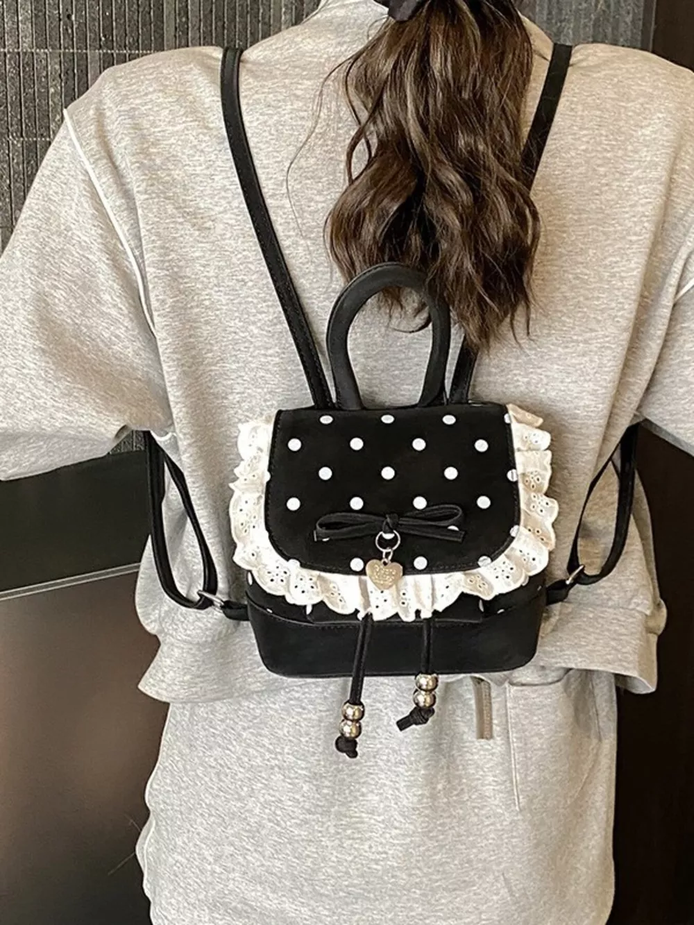 Polka Dot Lace Trim Backpack Bag, image 3