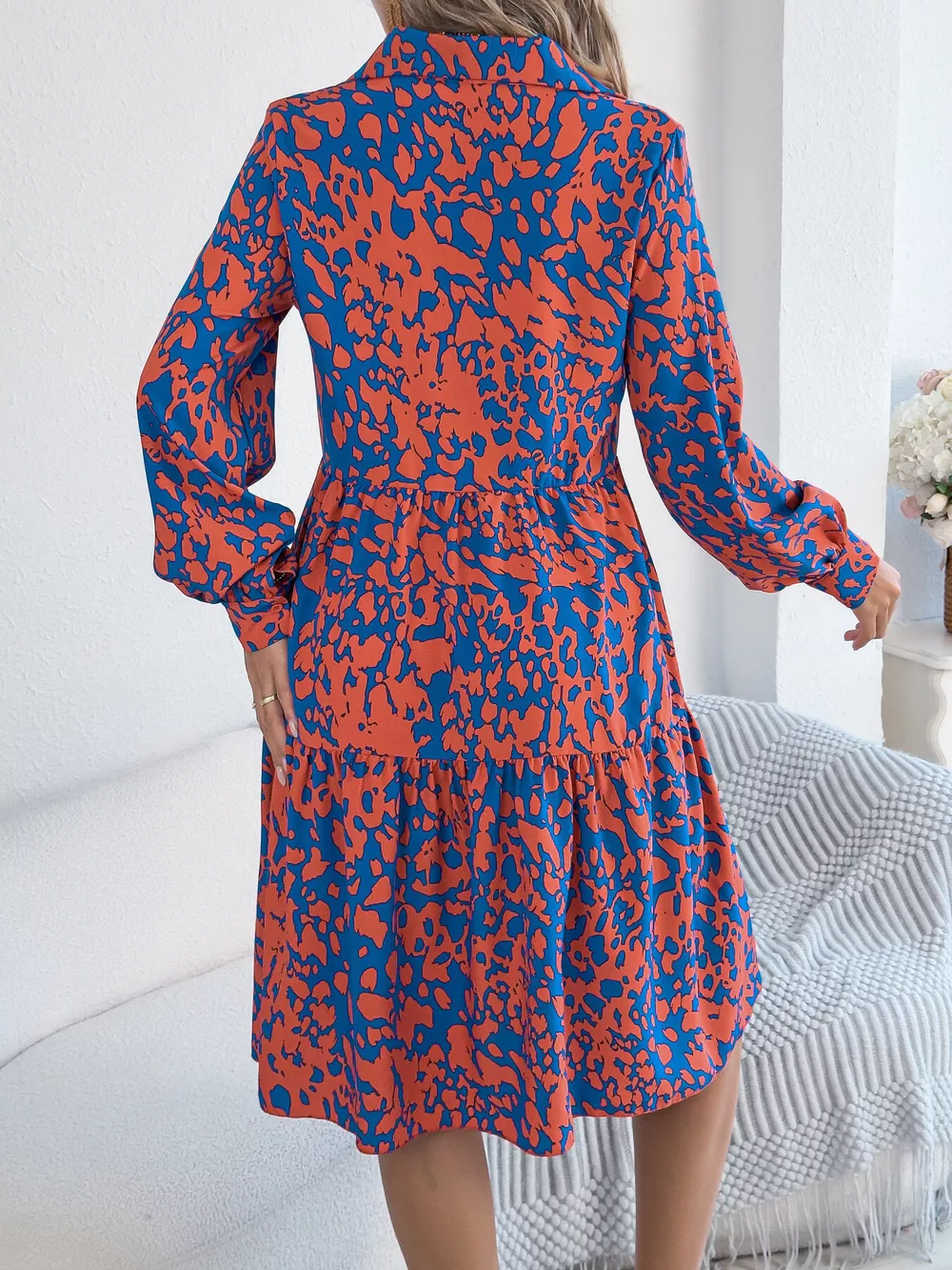 Printed Collared Neck Long Sleeve Dress, image 16