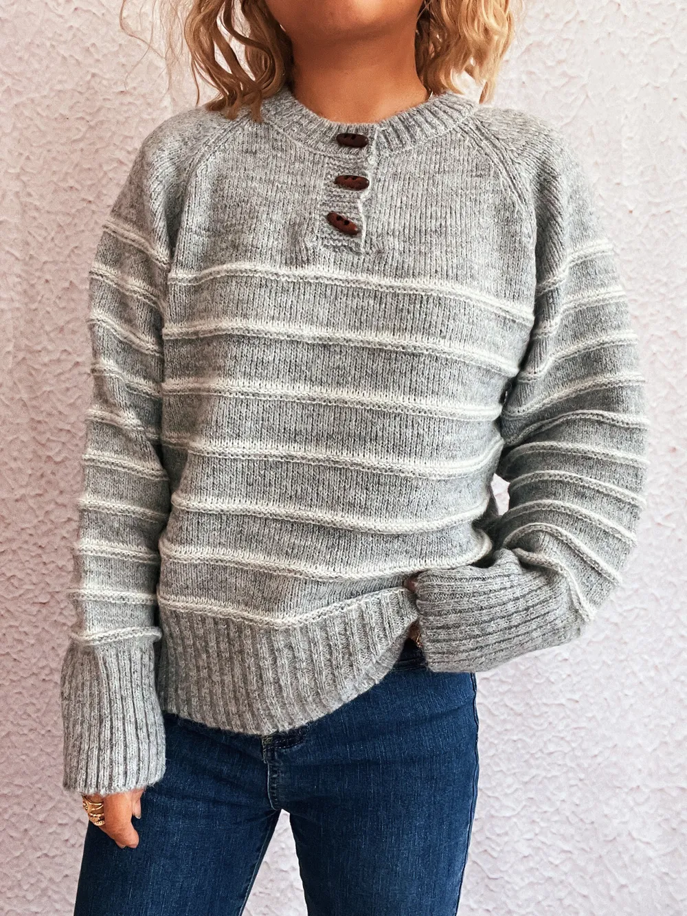 Striped Button Detail Long Sleeve Sweater, image 20