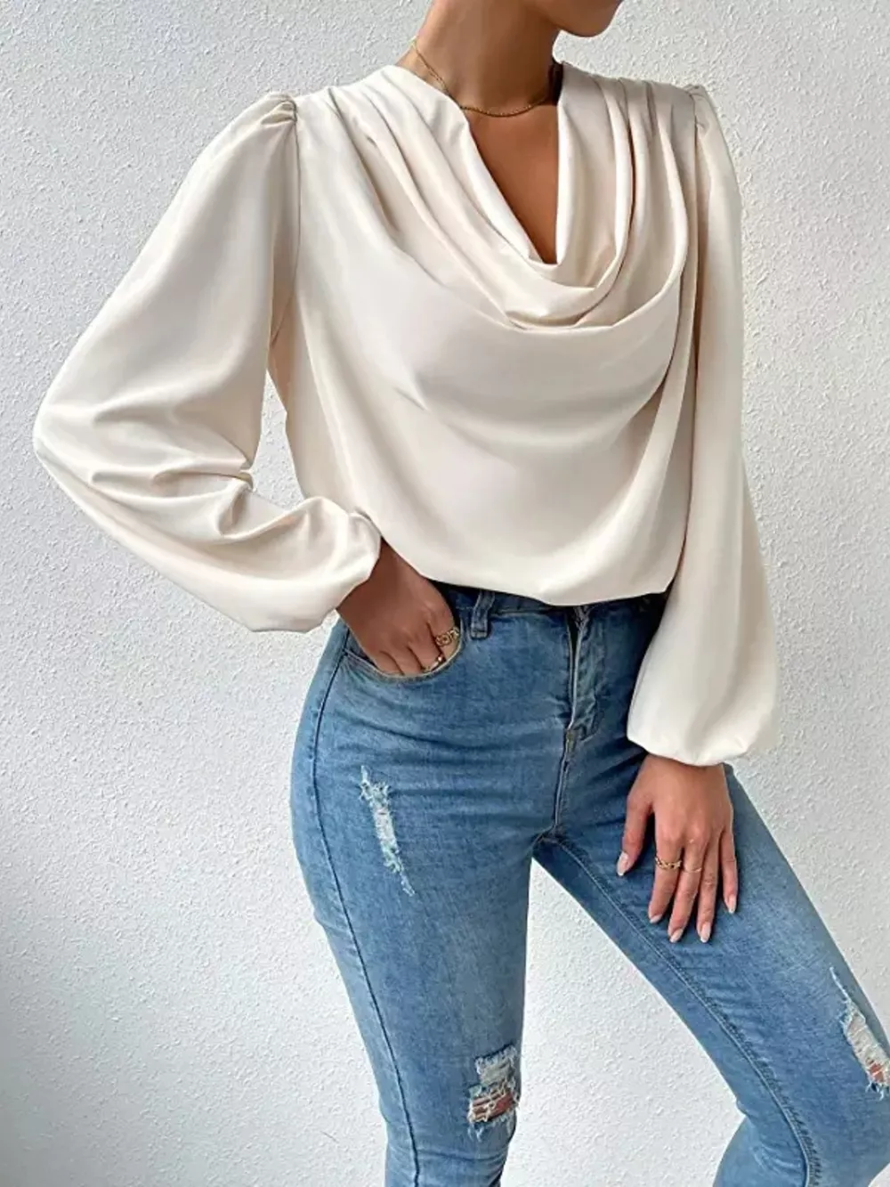 Full Size Cowl Neck Balloon Sleeve Blouse Plus Size, image 16