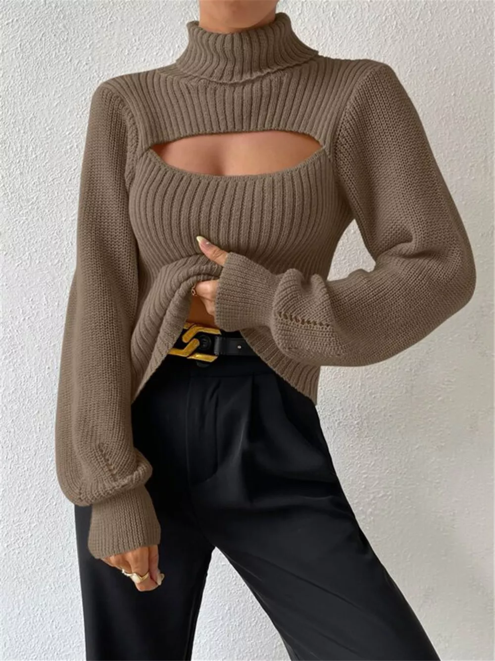 Cutout Front Turtleneck Long Sleeve Sweater, image 9