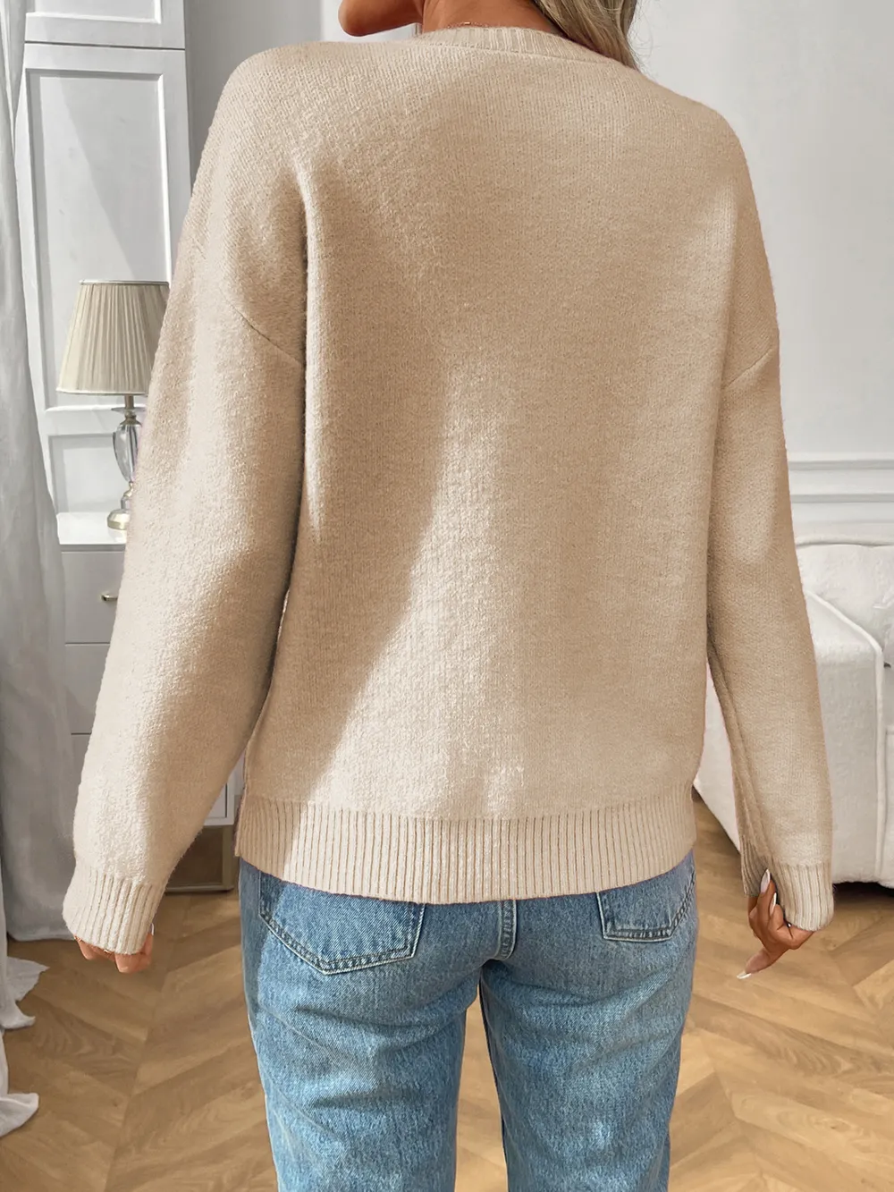 Bow Graphic Ribbed Hem Round Neck Sweater, image 17