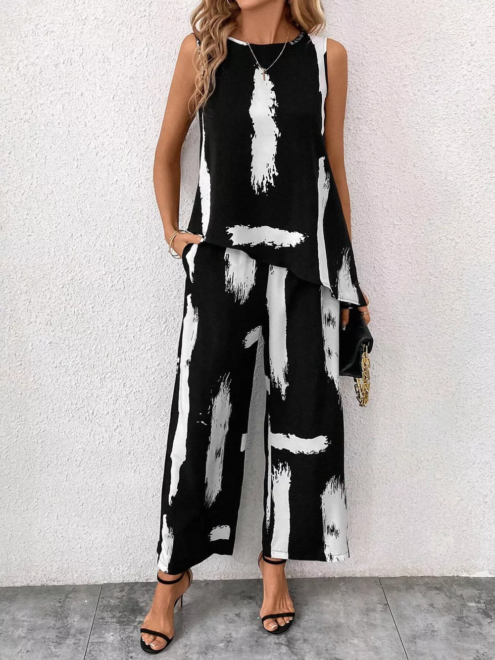 Abstract Print Sleeveless Top & Wide Leg Pants Set, image 10