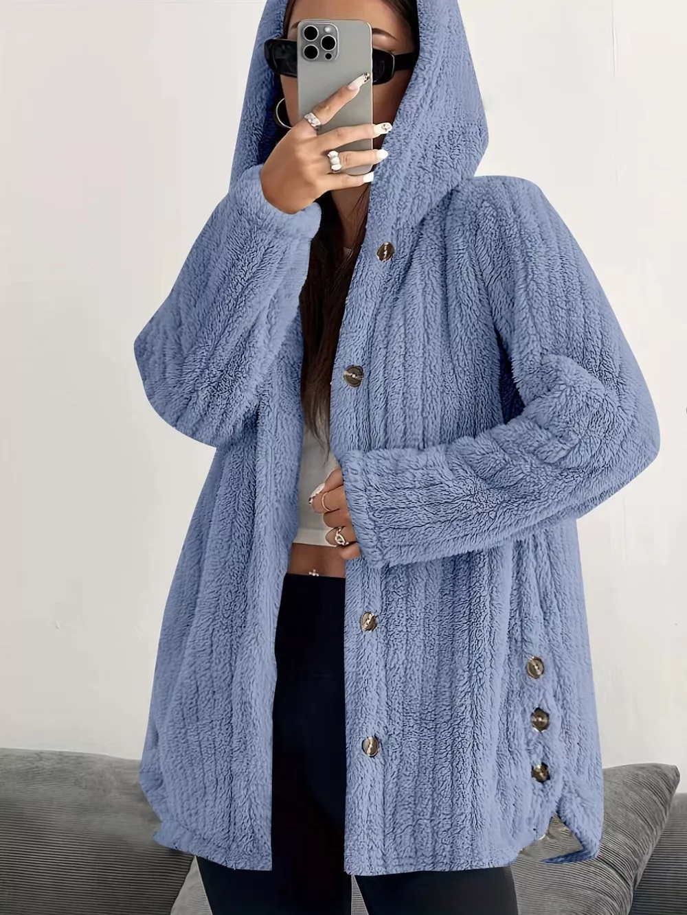 Full Size Fleece Button Up Hooded Outerwear Plus Size, image 6