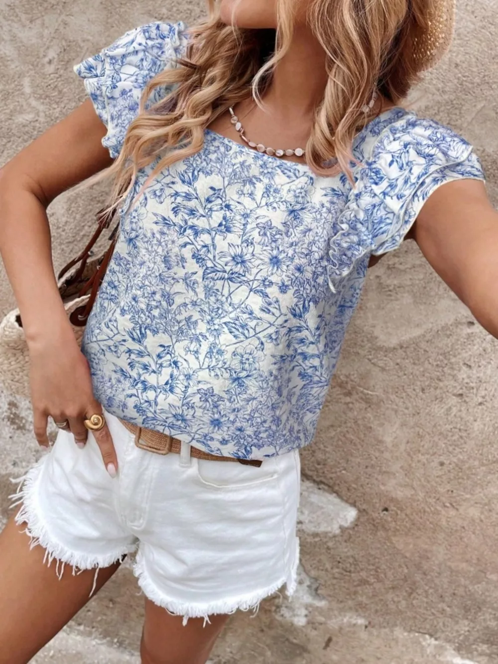 Floral Print Ruffle Trim Blouse, image 7