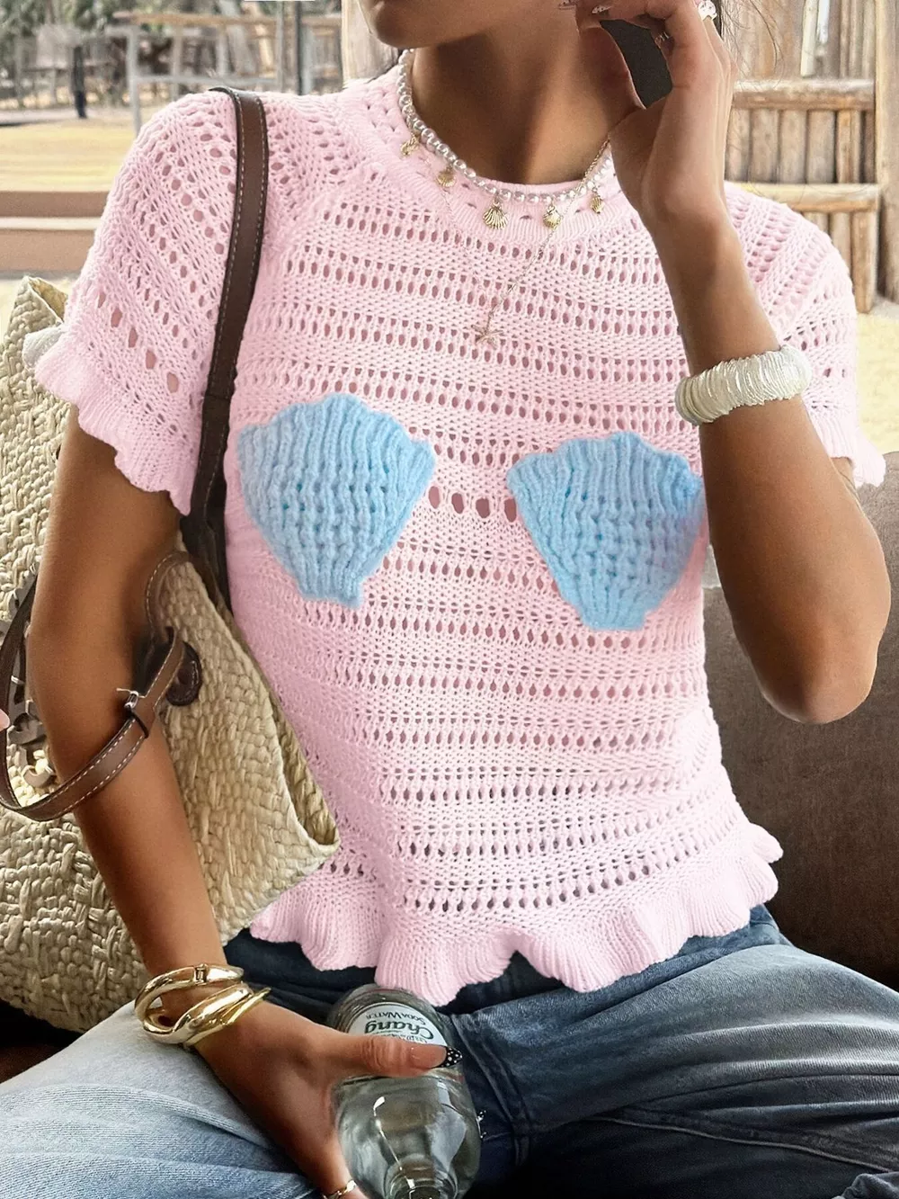 Openwork Ruffled Hem Knit Top, image 7