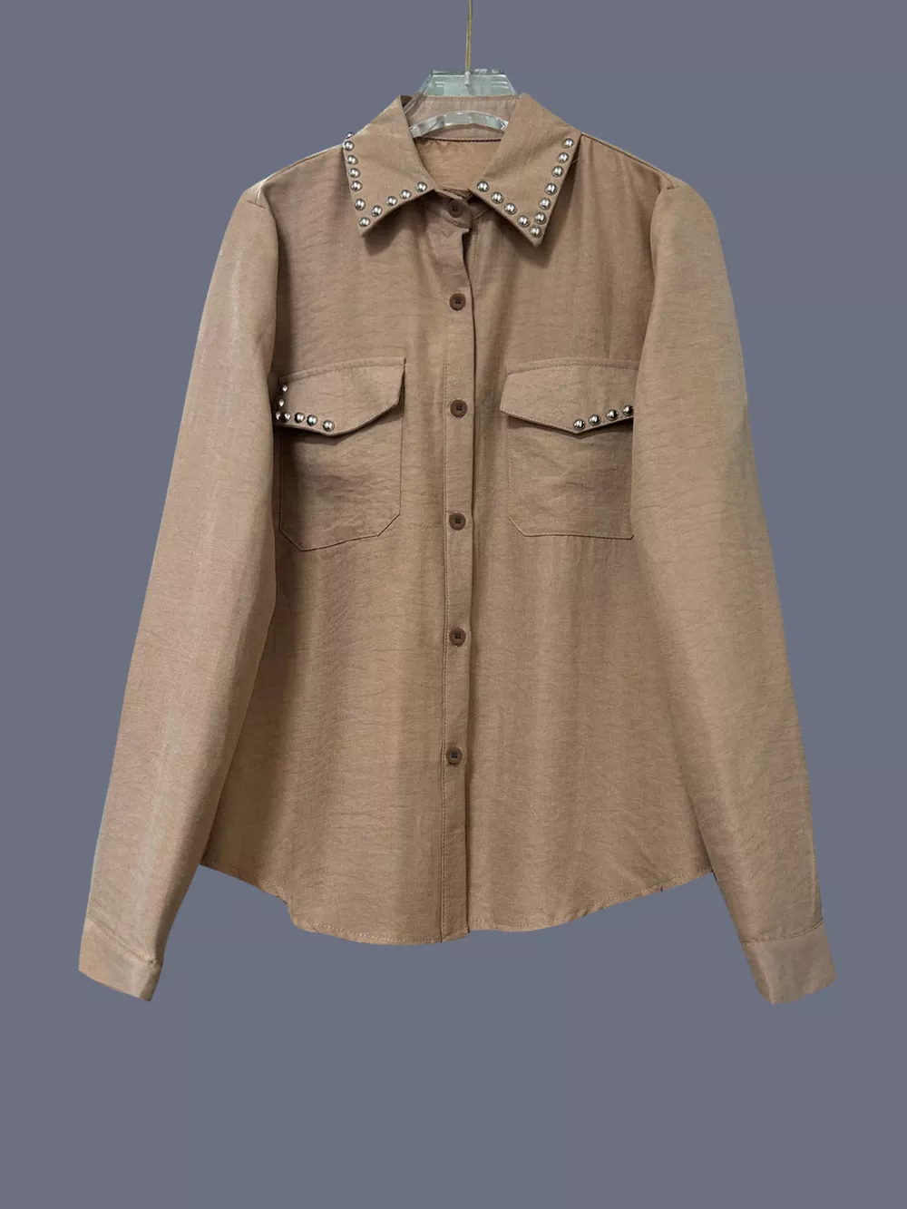 Studded Button Up Shirt with Chest Pockets, image 4